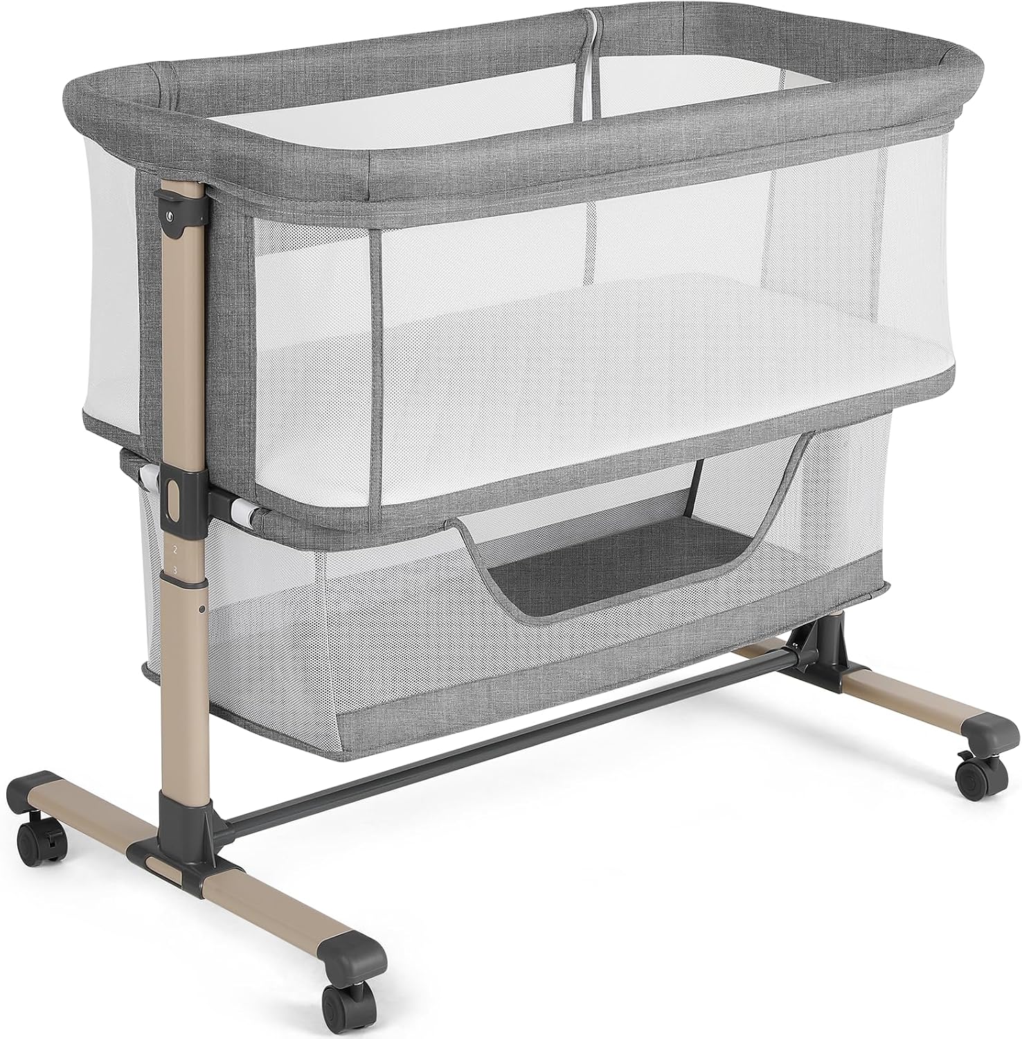 Cowiewie Bassinet Bedside Sleeper, Breathable and Adjustable, Grey | 0-5 Months Baby Infant, Co-Sleeping, 6 Heights, Comfy Mattress, Breathable 3D Mesh, Wheeled, Storage Basket, Easy Setup