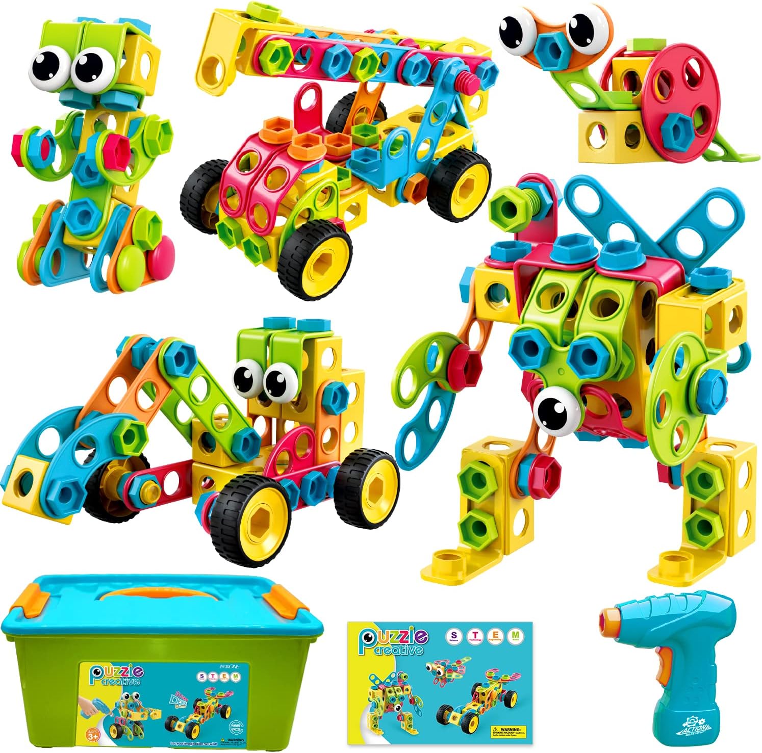 NXONE 195 PCS STEM Toys, Building Sets for Kids 3+ | Educational Building Toys for Boys and Girls Ages 3-10, Hands-On Learning, Electric Drill & Storage Box Included