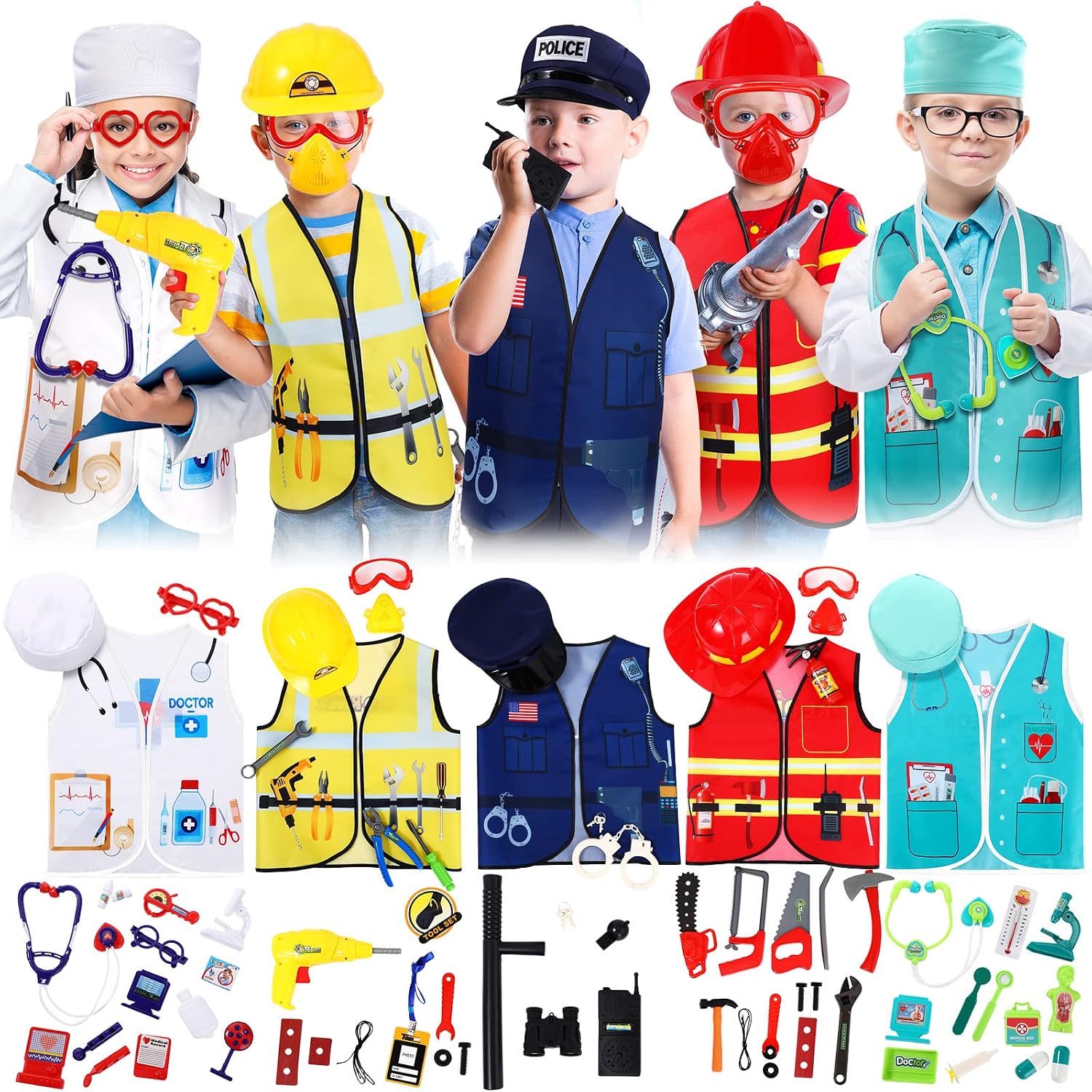 Deekin 5 Sets Kids Dress up Costumes, Toddler Dress up Clothes for Boys Girls, Community Helpers Construction Worker Police Firefighter Doctor Surgeon Pretend Outfits for Ages 3–7