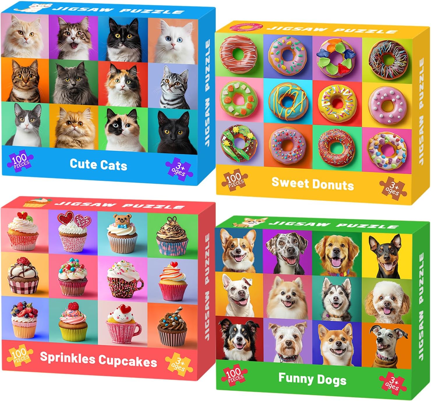 4 Packs 100 Piece Puzzles for Kids Ages 4-6 6-8 8-10, Dogs Cats Cupcakes Donuts Educational Jigsaw Puzzles, Kids Puzzles 4-6 Gifts for Girls Boys