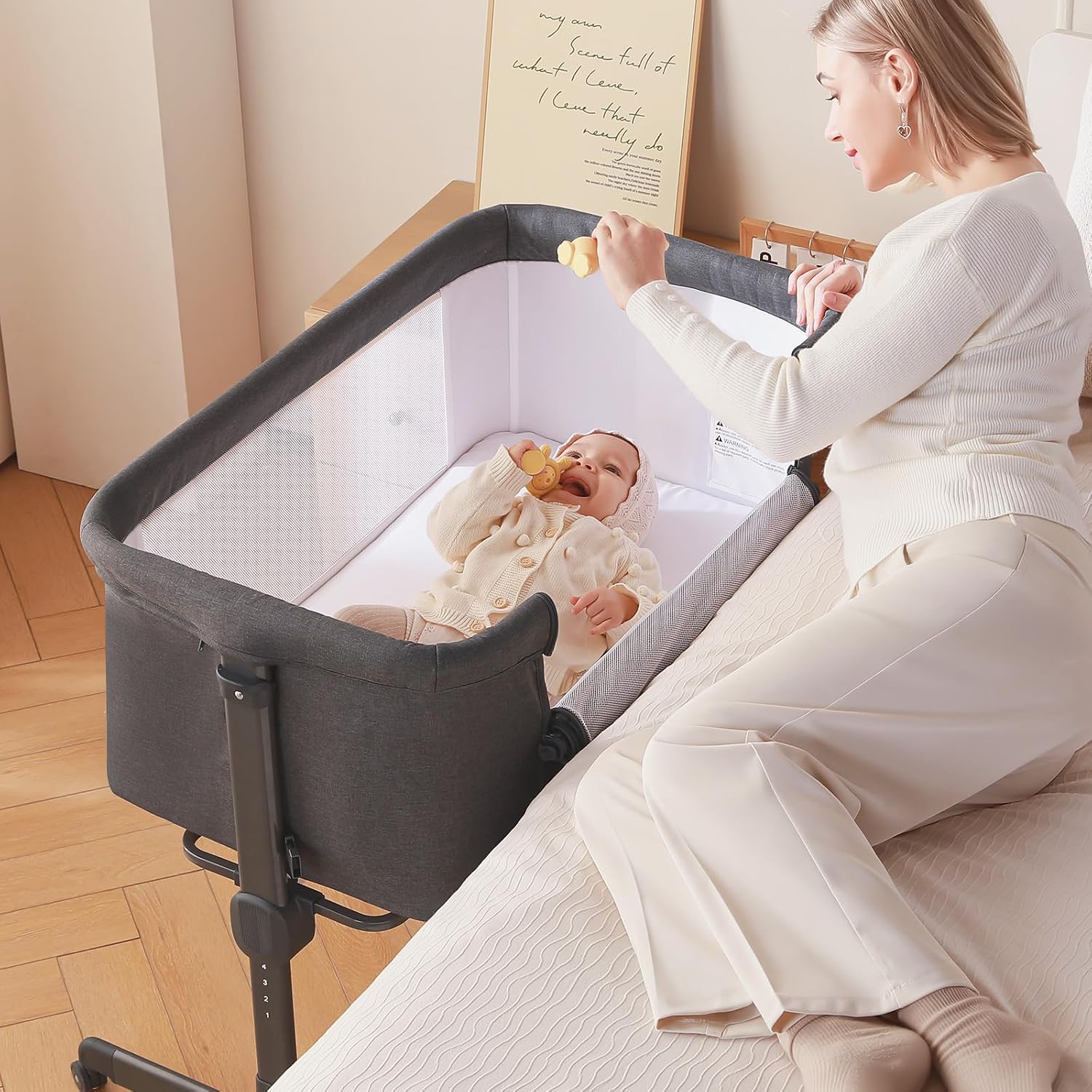Baby Bassinet, 3 in 1 Bassinets Bedside Sleeper Crib Sleeper for Newborn, Portable Crib Adjustable 7 Height Bedside Bassinet with Mattress and Movable Wheels，Breathable Mattress&Mesh(Dark Grey)