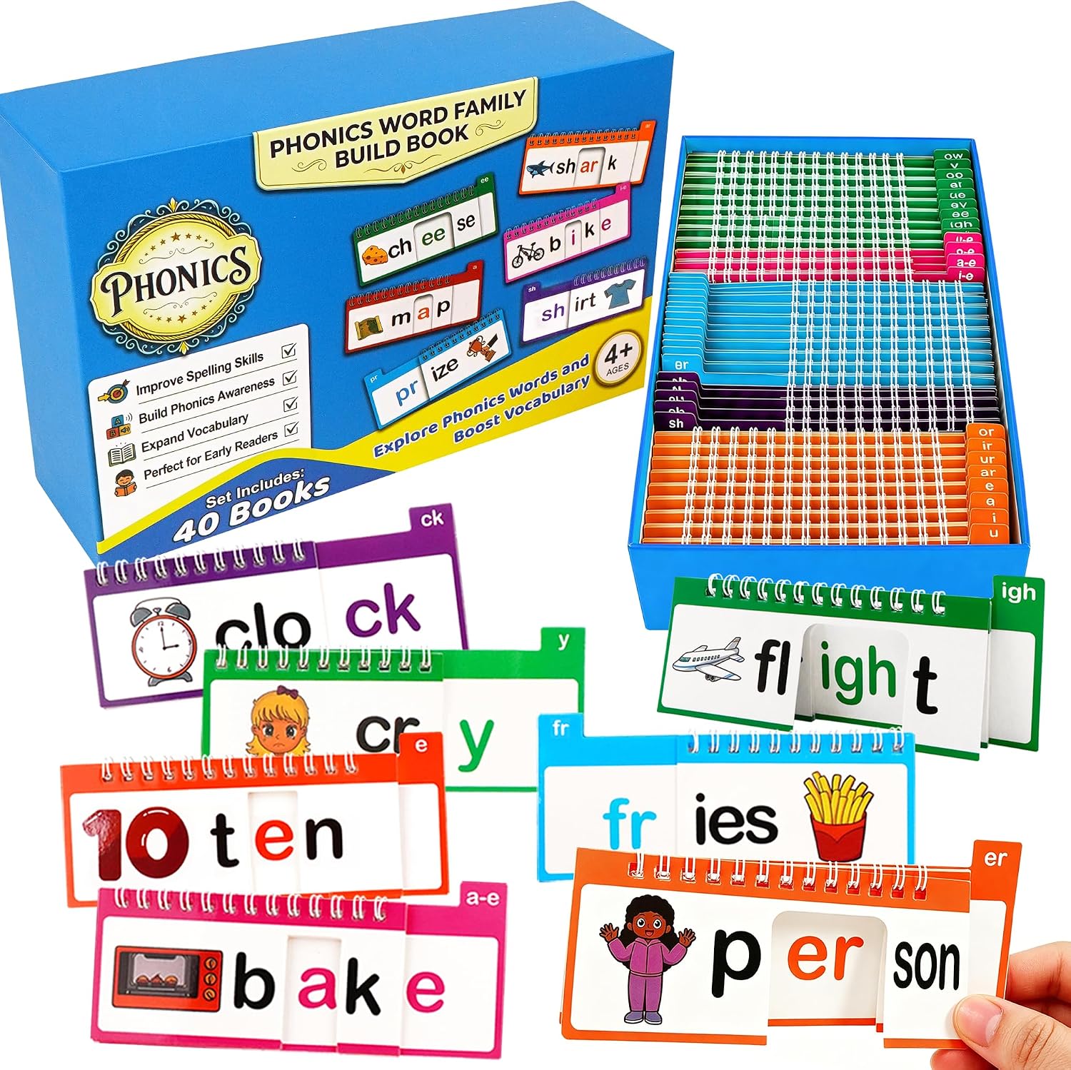 Phonics Flash Cards, Word Family Build Book with 40 Read and Rhyme Flip Books, Learn to Read Sight Words, Kindergarten Reading Games, Preschool Homeschool Educational Learning Activities