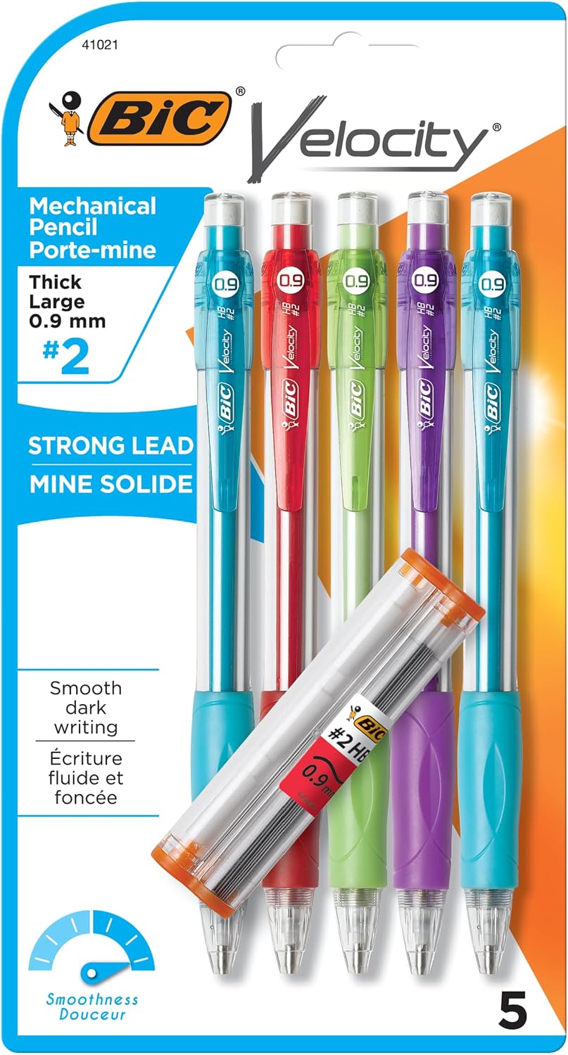 BIC Velocity Strong Lead Mechanical Pencils, Thick Point, 0.9mm, 5-Count | Colorful Barrel Accents | Includes Erasers | Cushioned Grip for Comfort | Break-Resistant Core | Perfect for School Supplies