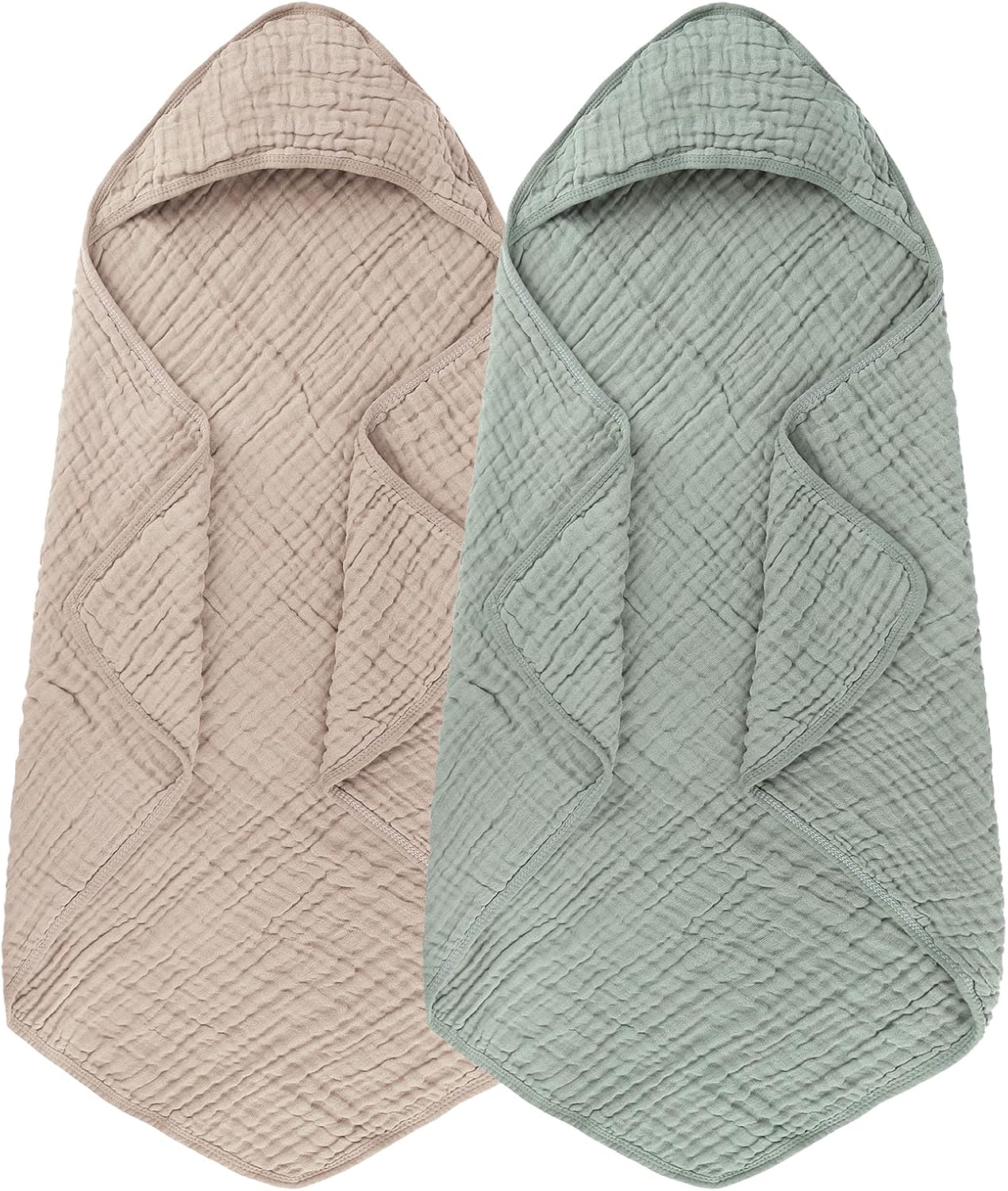 2 Pack Hooded Muslin Cotton Baby Towels (Green/Brown), 32 by 32 Inches, Ultra-Soft & Breathable for Baby Bath Time