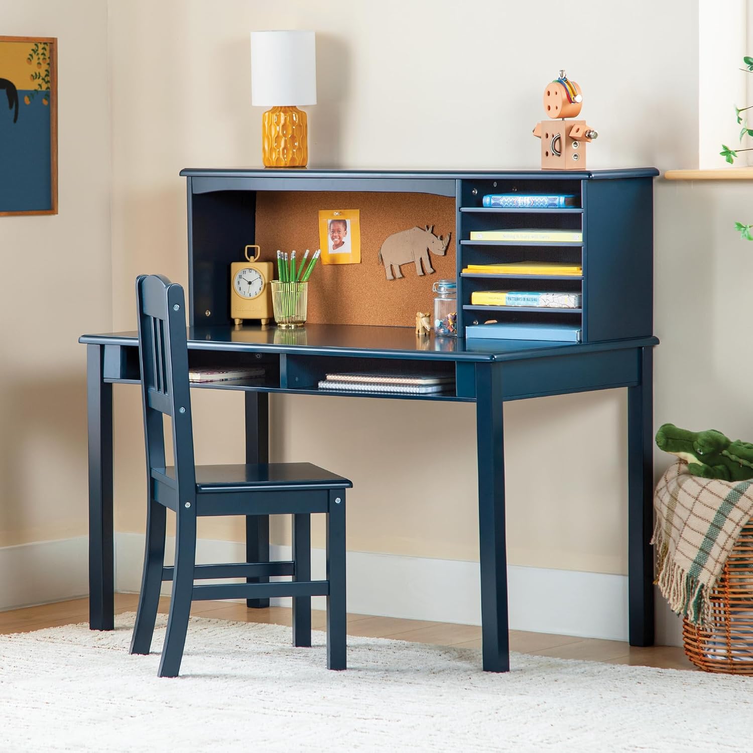 Guidecraft Kids Media Desk and Chair Set – Navy: Student’s Workstation with Storage, Wooden Writing Table with Hutch and Shelves for Kids Bedroom, Boys Study Desk Set