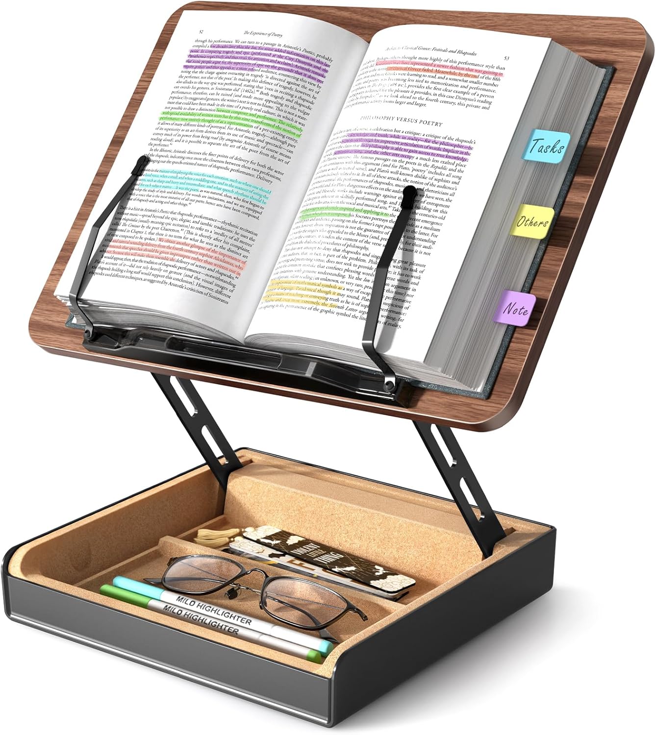 Book Stand with Storage, Book Holder for Reading Hands Free | Wooden Cookbook Stand for Kitchen Counter, Adjustable Reading Stand for Desk, Recipe Stand, Book Prop for Book Lovers