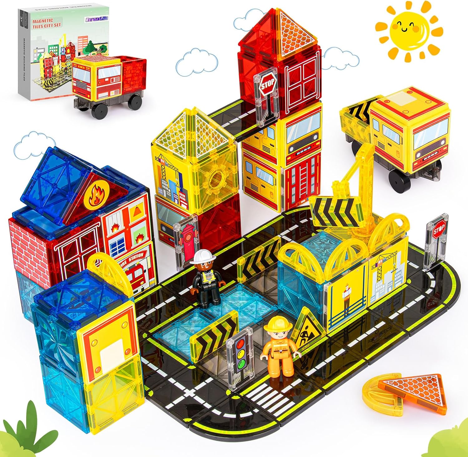 Magnetic Tiles Road Set with Fire Trucks & 2 Dolls, Double-Sided Magnet Tiles with 2 Cranes, Toys for Boys Ages 3-5 5-7, STEM Learning Construction Toys Include Car, Stations, Signs, Gifts for Kids 3+
