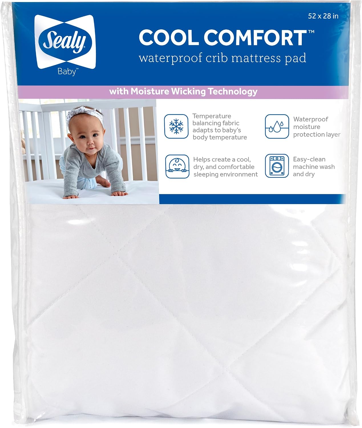 Sealy Baby Crib Mattress Protector – Infant and Toddler Pad, Waterproof, Cooling, Breathable, Machine Washable and Easy to Clean, 52×28