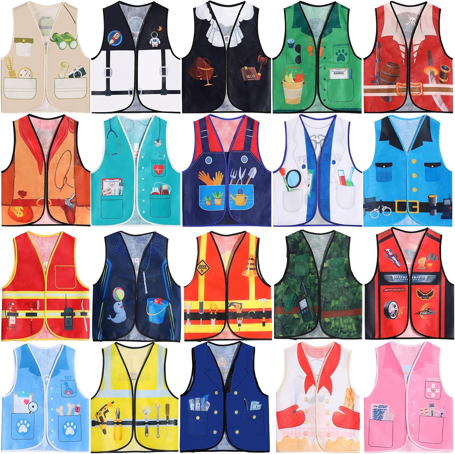 20 PCS Kids Dress Up Vest Community Helper Career Costumes for Role Play | 20 Pcs Kids Dress Up Costumes for Pretend and Play Doctor Police Fireman Construction Costume for Back to School Halloween