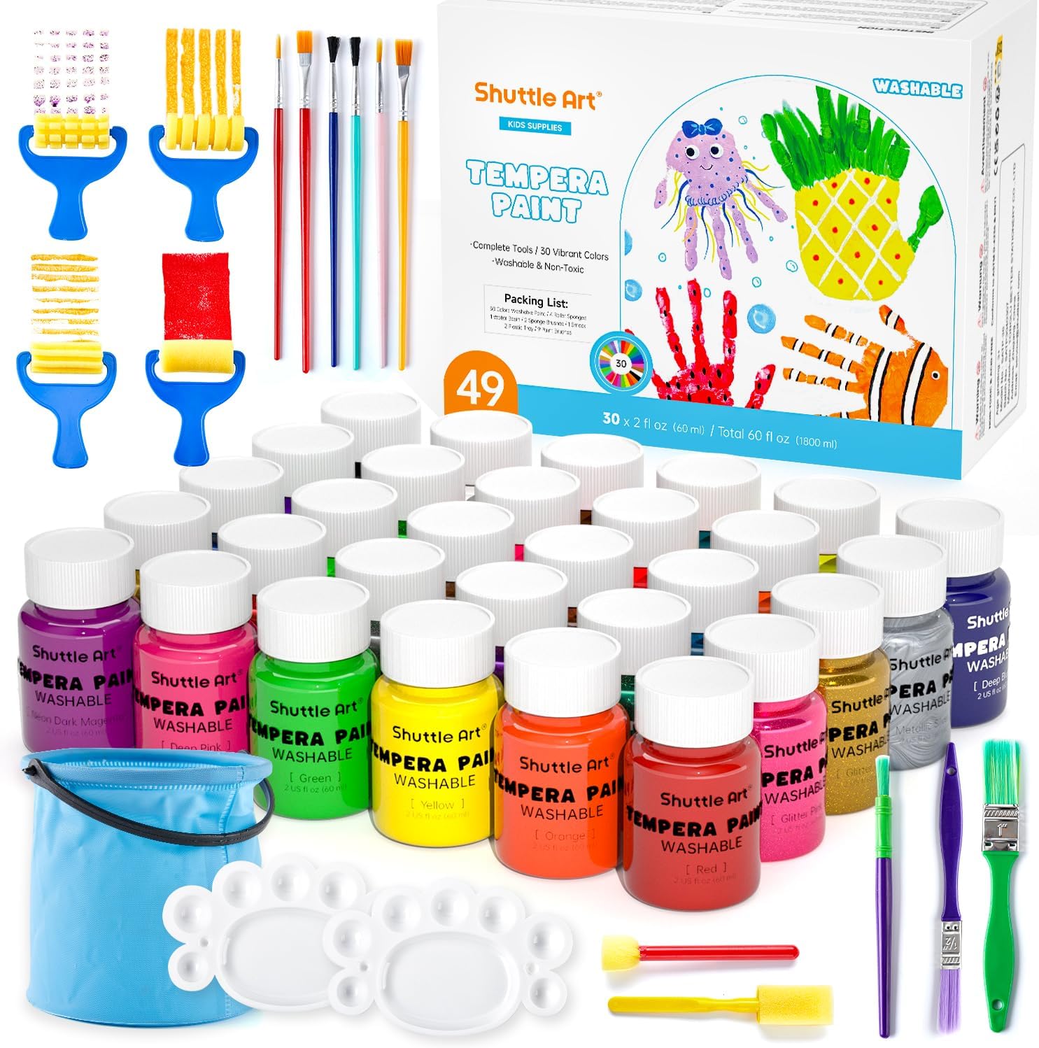 Shuttle Art Tempera Paint, 30 Colors (2 fl oz) Washable Paint for Kids with Glitter Metallic Neon Colors, Non-toxic Finger Painting for Toddlers