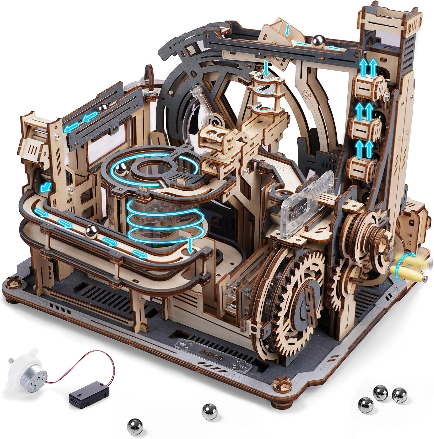 ROBOTIME Motorized Wooden Puzzles for Adults – 3D Puzzles for Adults LGC01 Marble Spaceport – Wooden Marble Run Model to Build – Space/STEM/Engineering Gift