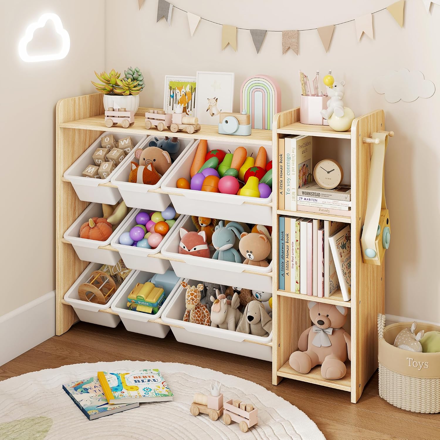 DOREROOM Toy Storage Organizer with Bookshelf, Kids Toy Storage and Organizers with 3 Shelves/9 Bins/3 Hooks, Bin Shelf, Toy Organization for Playroom, Nursery, Bedroom, Toddler Room | Wood & White