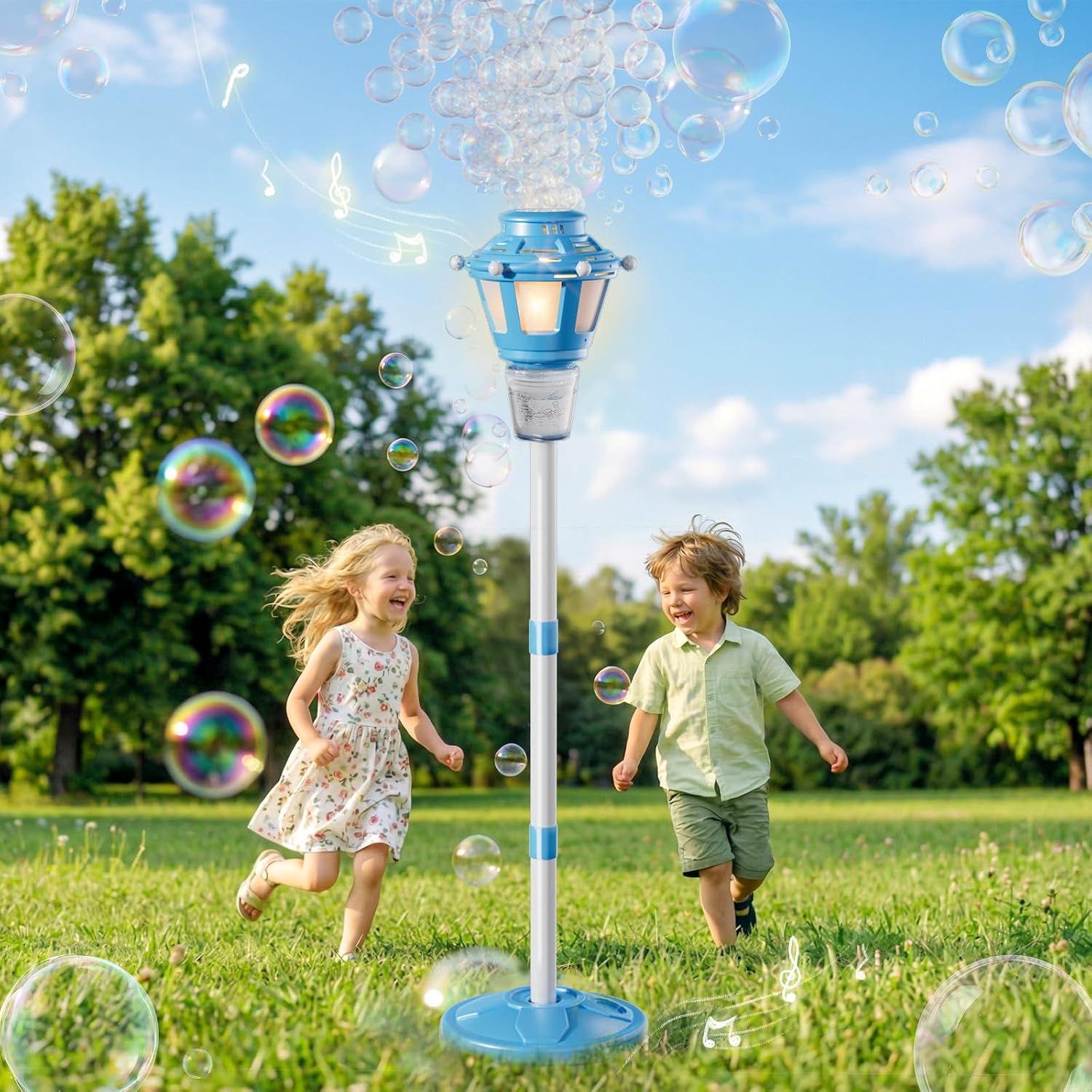BBnote Street Lamp Bubble Machine with Light, Rechargeable Outdoor Summer Bubbles Toys for Kids & Adults, Bubble Blower and Wand Toy, Birthday Christmas Party Gifts for Toddlers Teens Blue