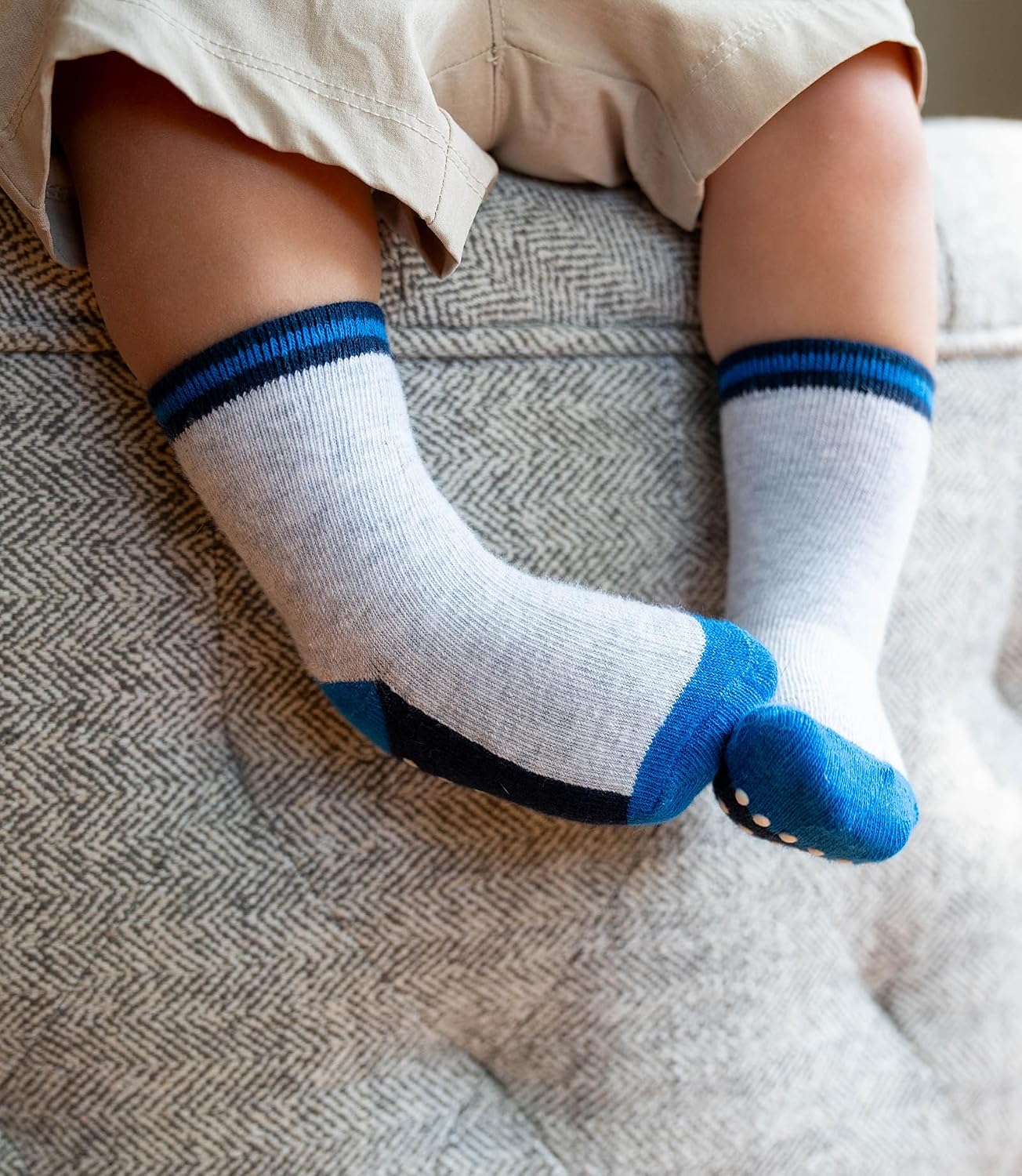 Baby Toddlers Crew Socks with Non-Slip Grip 12 Pack Cotton Stretch Socks | Soft Breathable Cotton, Non-Slip Sole Grips, for Hardwood/Tile Crawling, Walking, Daycare
