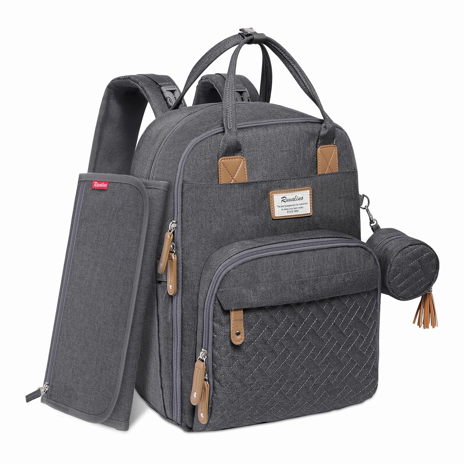 RUVALINO Diaper Bag Backpack, Multifunction Travel Baby Diaper Bag with Changing Pad, Insulated Bottle Holders & Pacifier Case, Large Capacity, Waterproof, Dark Gray | Baby Shower Gifts, Travel Backpack for Mom Dad Girl Boy, Insulated Bottle Holders, Pacifier Case, Waterproof, Large Capacity