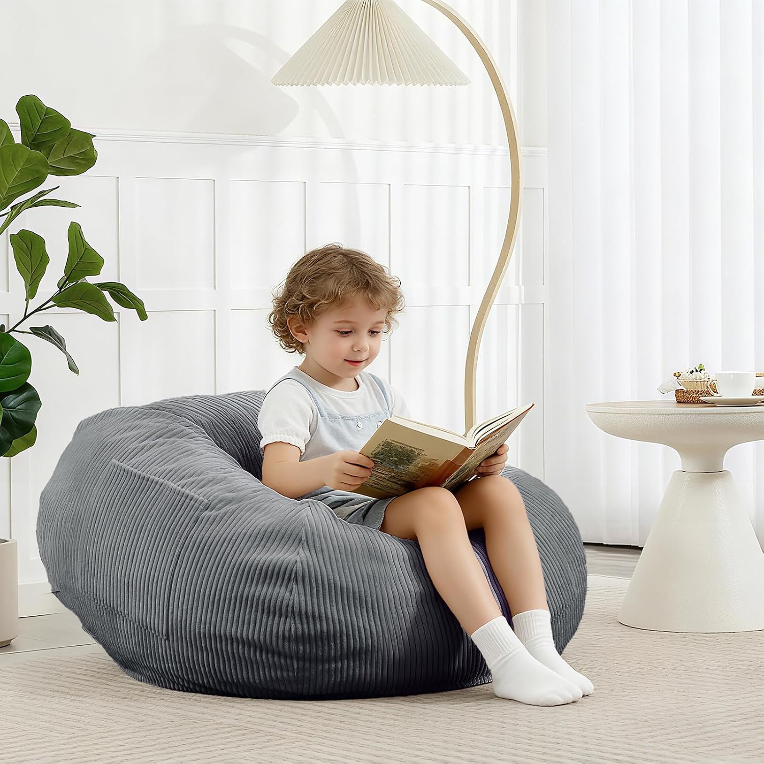 2.5FT Bean Bag Chair with Memory Foam Filling, Gray | Corduroy Fluffy Beanbag Chair for Kids and Teens, Comfy Floor Chair for Living Room Bedroom