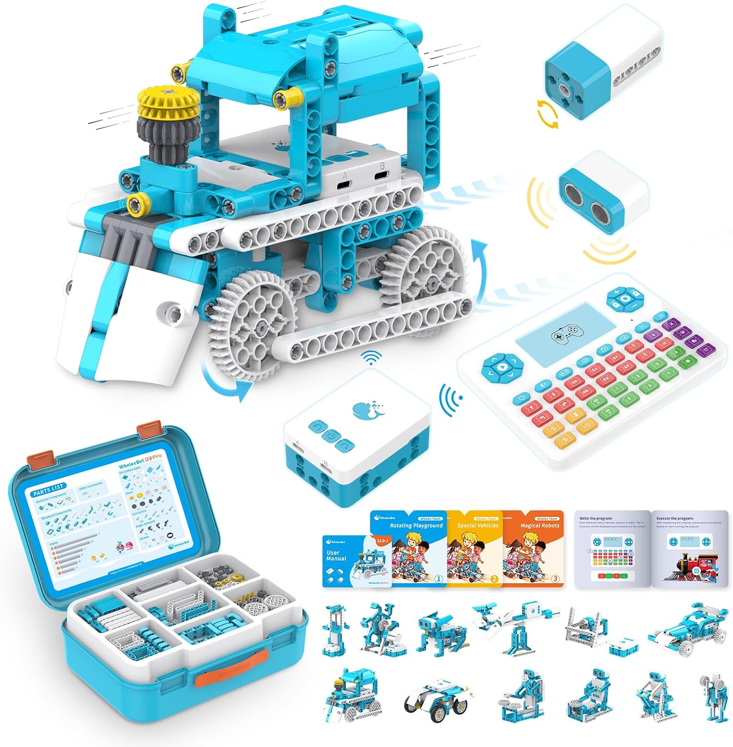 WhalesBot D3 Pro 12-in-1 STEM Wecode Pad Coding Robot Kit for Kids, 388-Piece Educational Building Set with Interactive Storytelling, Ideal Toy for Boys & Girls Ages 6-8