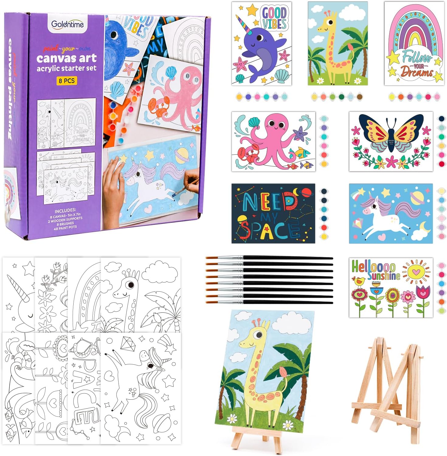 goldentime 8 Packs 5×7 Pre Drawn Canvas Set,Paint by Numbers for Kids,48 Paints 8 Brushes 2 Easels,Pre-Printed Acrylic Oil Painting Kit Ages 8-12 9-12 4-8