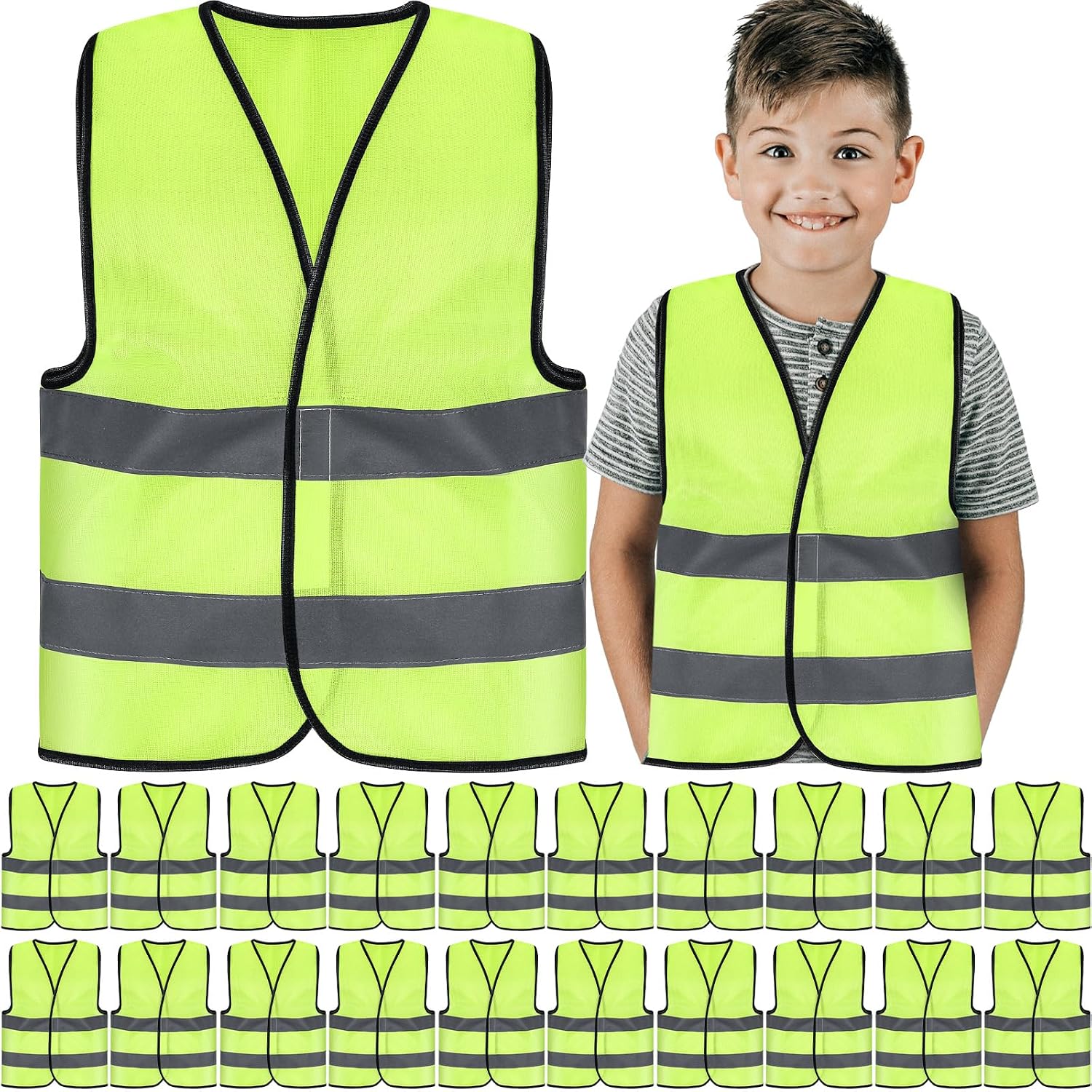 Zhanmai 20 Pcs Kids Safety Vests Bulk Reflective Construction, Yellow | High Visibility Neon Dual Reflective Strips, Breathable Mesh Child Outdoor Training, School Events Traffic Drills Groups