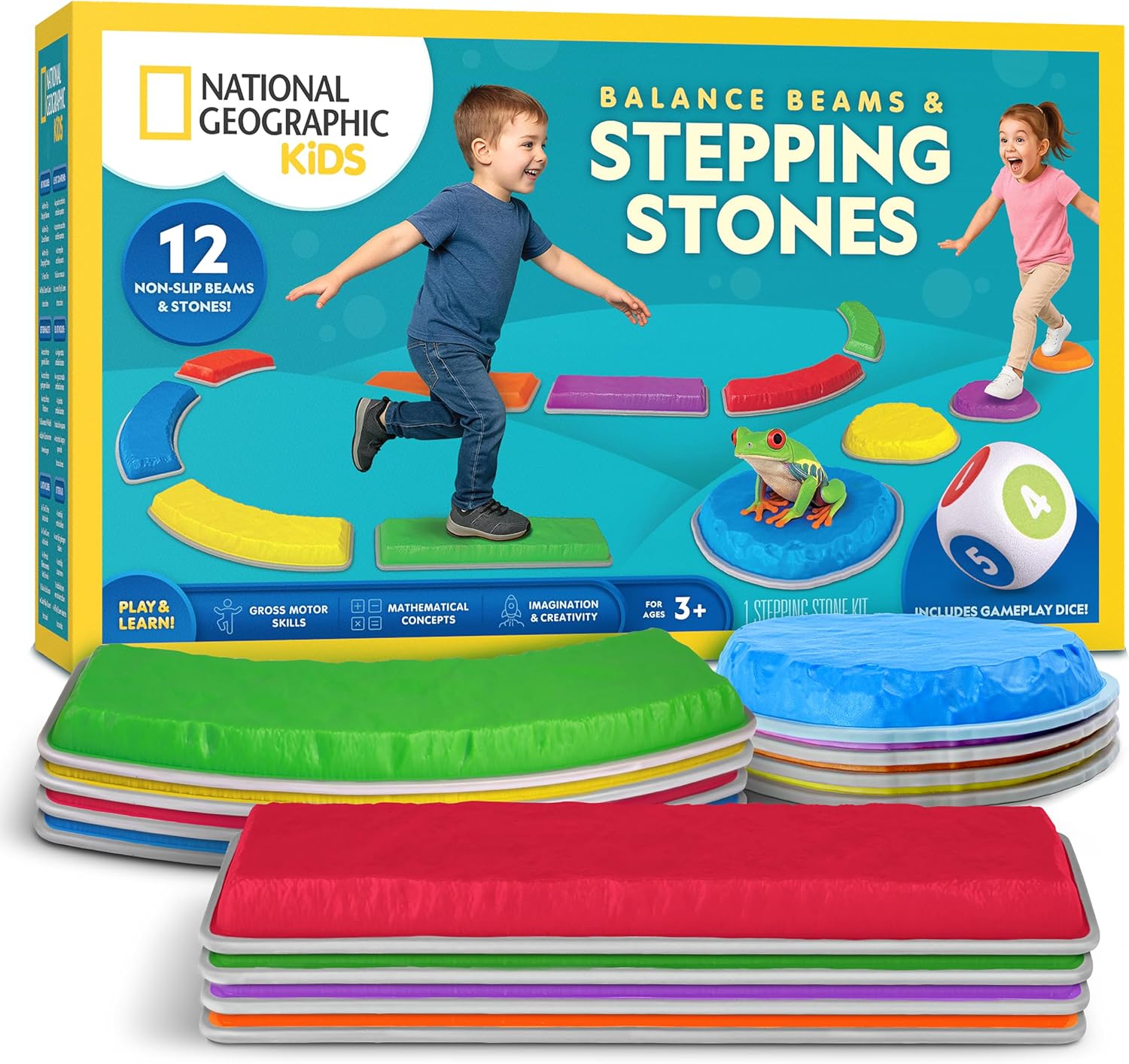 National Geographic Kids 12-Piece Balance Stepping Stones and Beams | 4 Stones, 8 Balance Beams, Foam Dice, Non-Slip Bases, Indoor Outdoor Obstacle Course, Gross Motor Skills, Play & Learn Cards