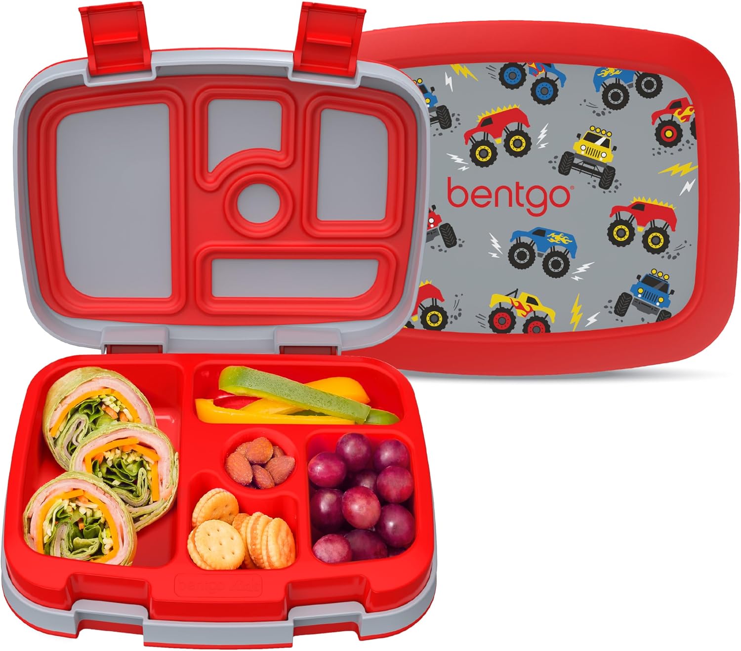 Bentgo Kids Prints Leak-Proof 5-Compartment Bento-Style Kids Lunch Box | Ideal Portion Sizes for Ages 3-7, Durable, Drop-Proof, Dishwasher Safe, PFAS & BPA-Free Materials (Trucks)