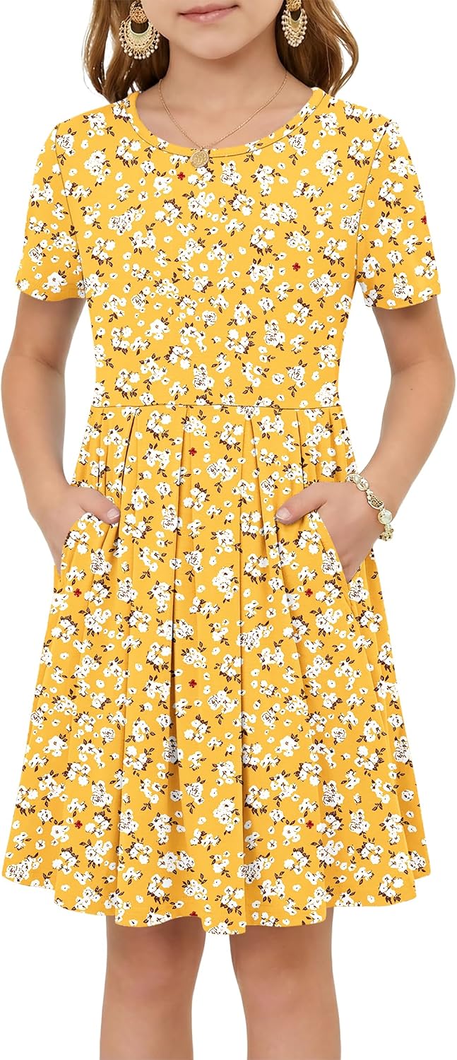 Girls Summer Short Sleeve Dress Kid Crew Neck Dress with Pockets 5-16 Years | Casual pleated cute dress, Loose A line swing knee length dress, two side pockets, Perfect for school and beach
