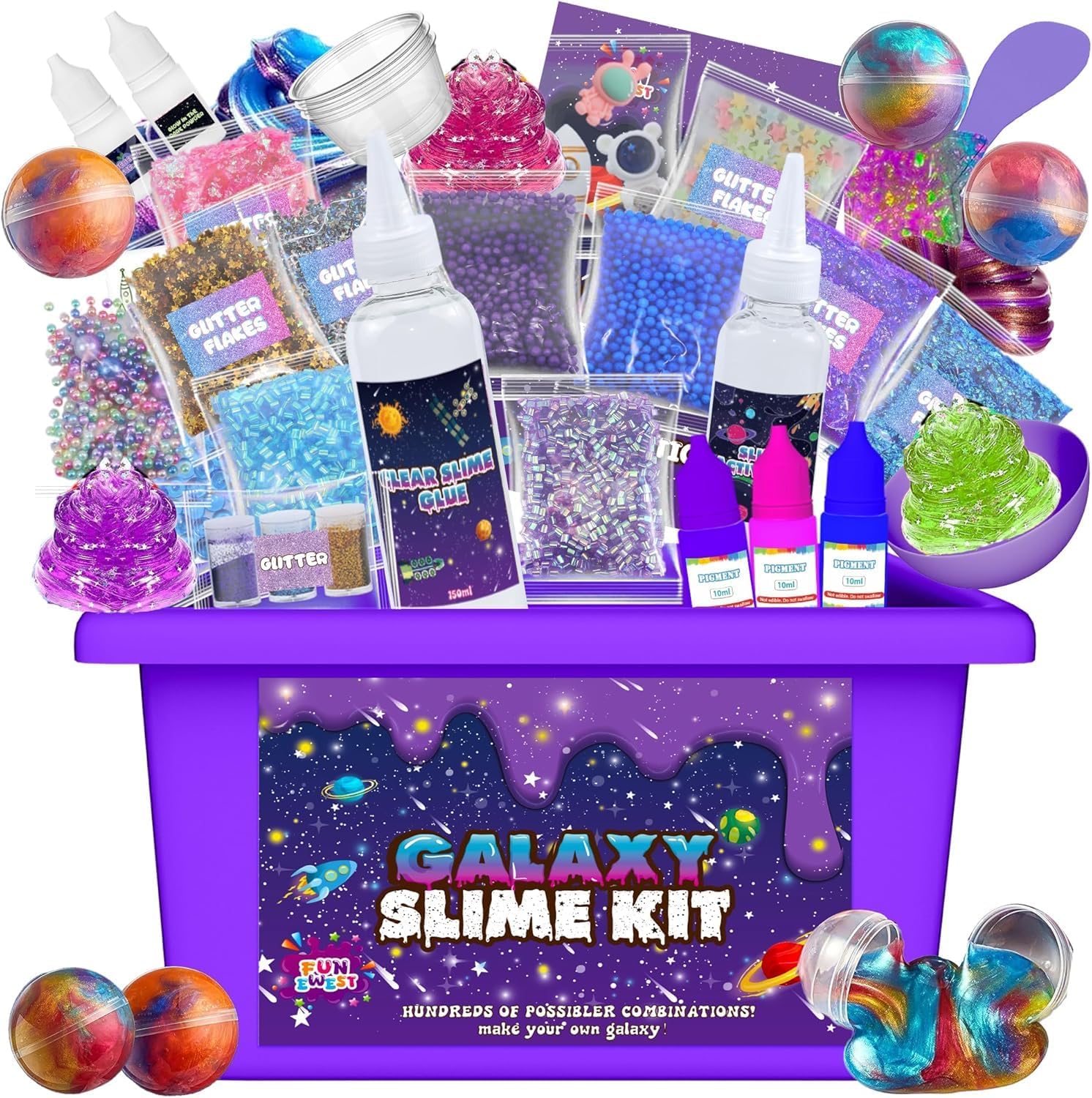 Funewest Mini Galaxy Slime Making Kit for Kids Ages 8-12 | DIY Craft Kit & Sensory Toy with Glow in The Dark Stickers, Glitter, Beads & Charms, Creative Gifts for Boys Girls Ages 6-12