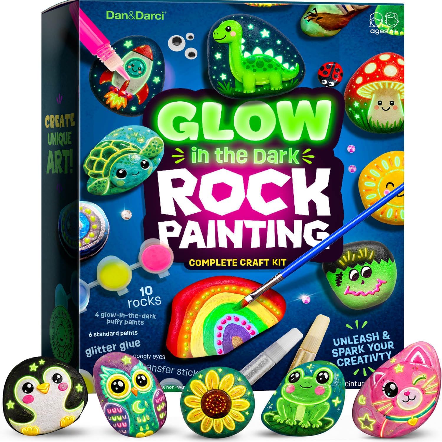 Dan&Darci Kids Rock Painting Kit – Glow in The Dark – Gifts Arts & Crafts for Boys and Girls Ages 6-12 – Craft Activities Kits – Creative Art Toys for 6, 7, 8, 9, 10, 11 & 12 Year Old Kid