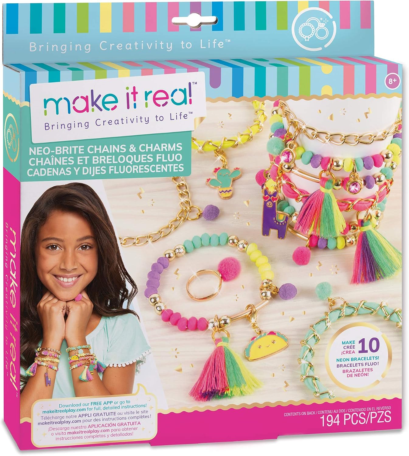 Make It Real: Neo-Brite Chains & Charms Kit – Create 10 Unique Cord & Tassel Charm Bracelets, 195 Pieces, Includes Play Tray,DIY Playful Charm & Jewelry Kit, Tweens & Girls, Arts & Crafts, Ages 8+