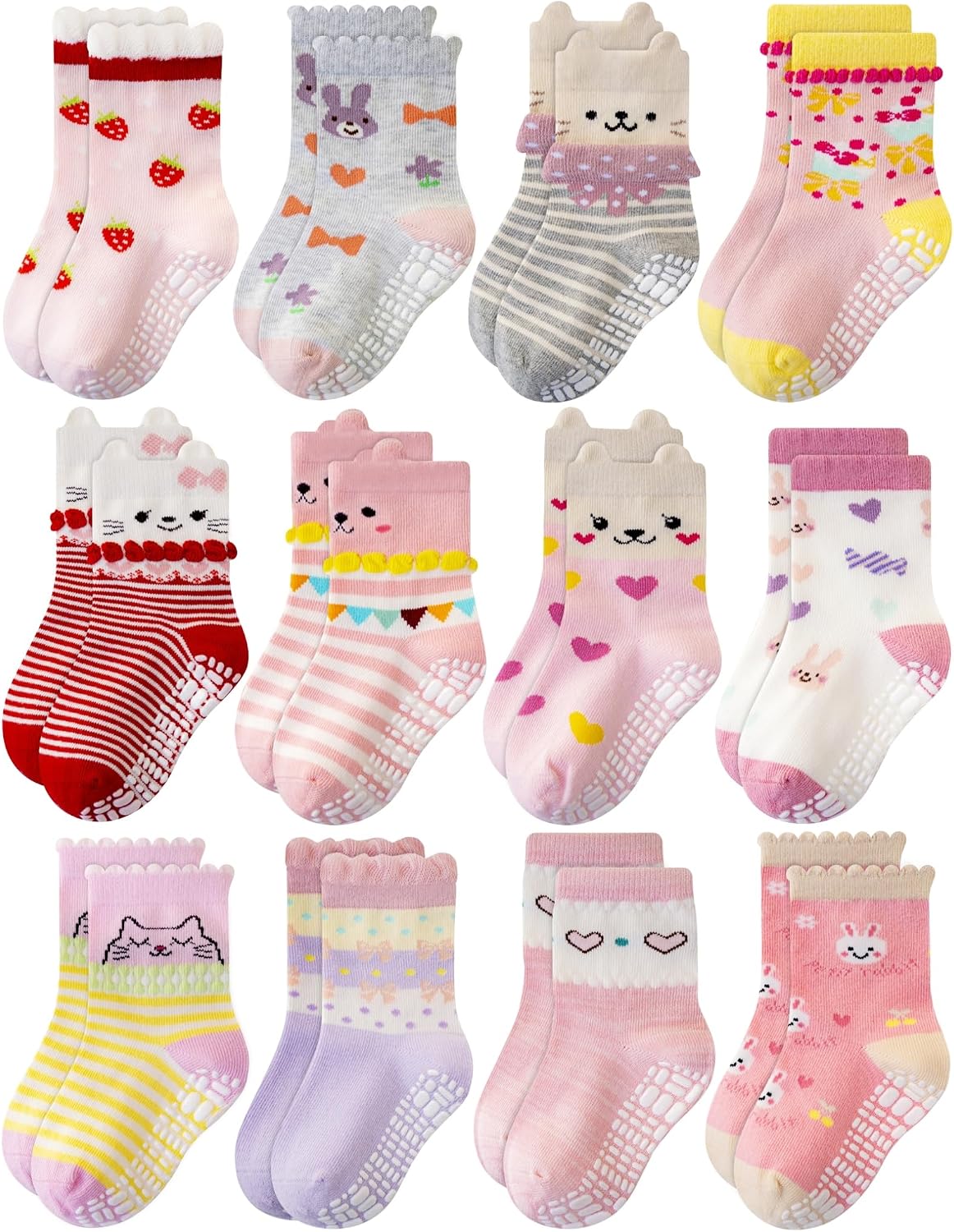 RATIVE Baby Girl Non Slip Grip Socks 12-Pack Soft Cotton Toddler Girl Socks