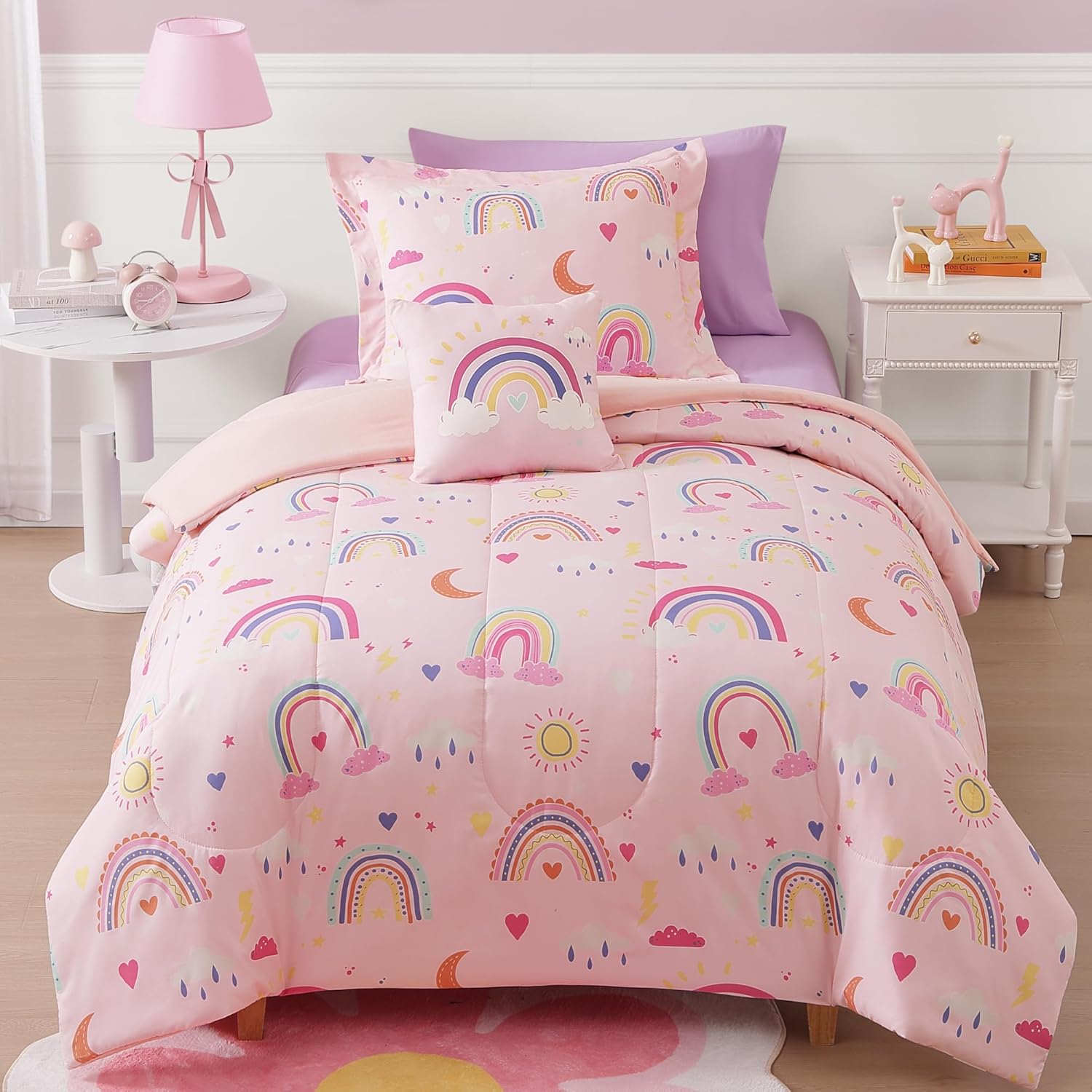 Twin Comforter Set for Girls – 3 Pieces Pink Rainbow Twin Bedding Sets | Glow in the Dark Kids Comforter Set, Girls Bedding with 1 Rainbow Comforter, 1 Decor Pillow, 1 Pillow Sham