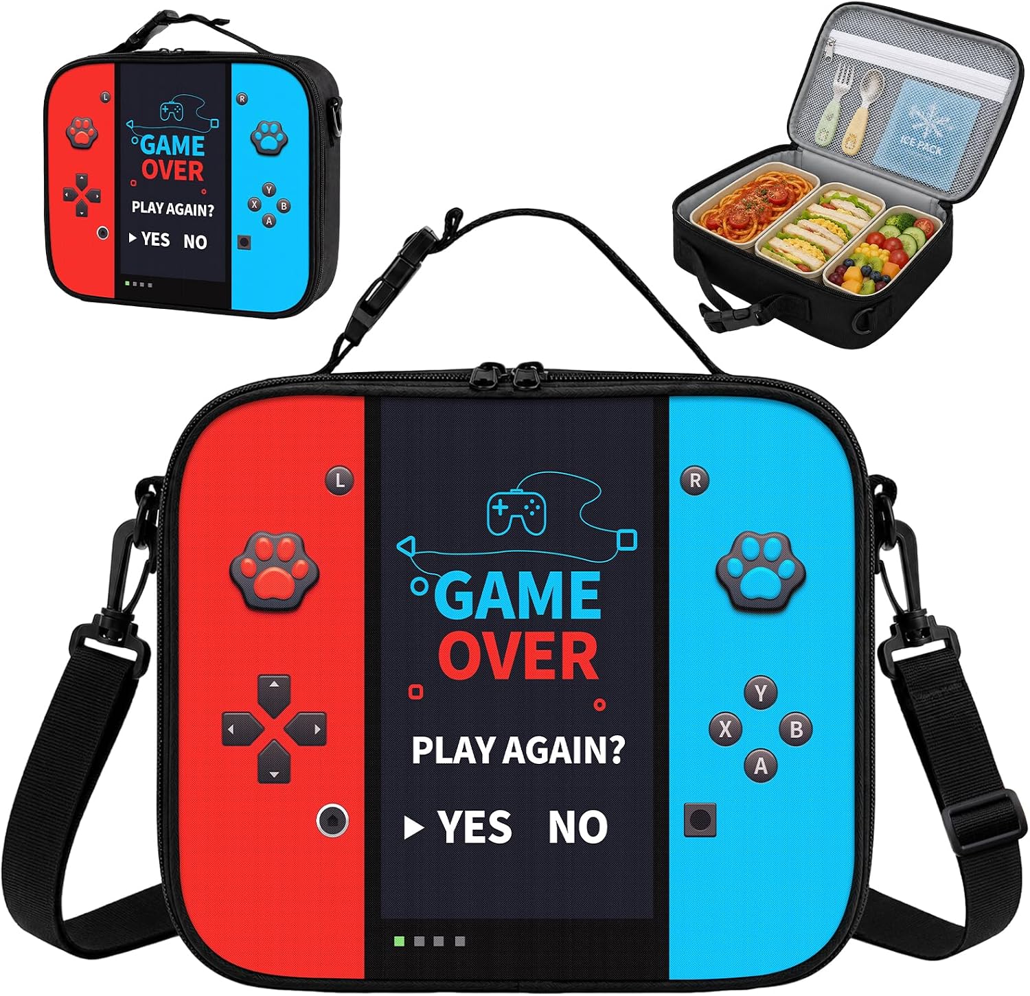 Game Console Insulated Lunch Bag lonchera for Teen Boys Girls Kids, Reusable Large Capacity Gamer Lunch Box with name tag, Adjustable Strap for School Office Picnic, Portable Waterproof Leakproof