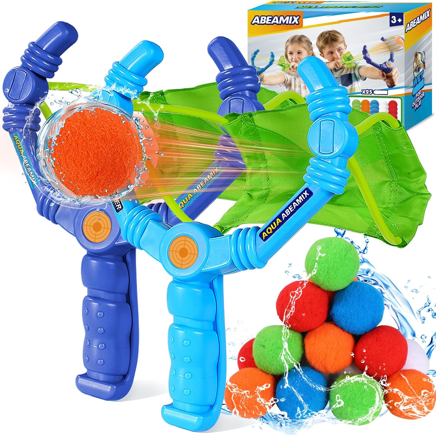 Reusable Water Balloons Set For Kids,Slingshot Launcher Summer Water Toys | 2 PCS Slingshots With 25 PCS Soft Balls, For Outdoor Pool Beach Backyard Water Game Fun, Birthday Party Gift For Boys Girls