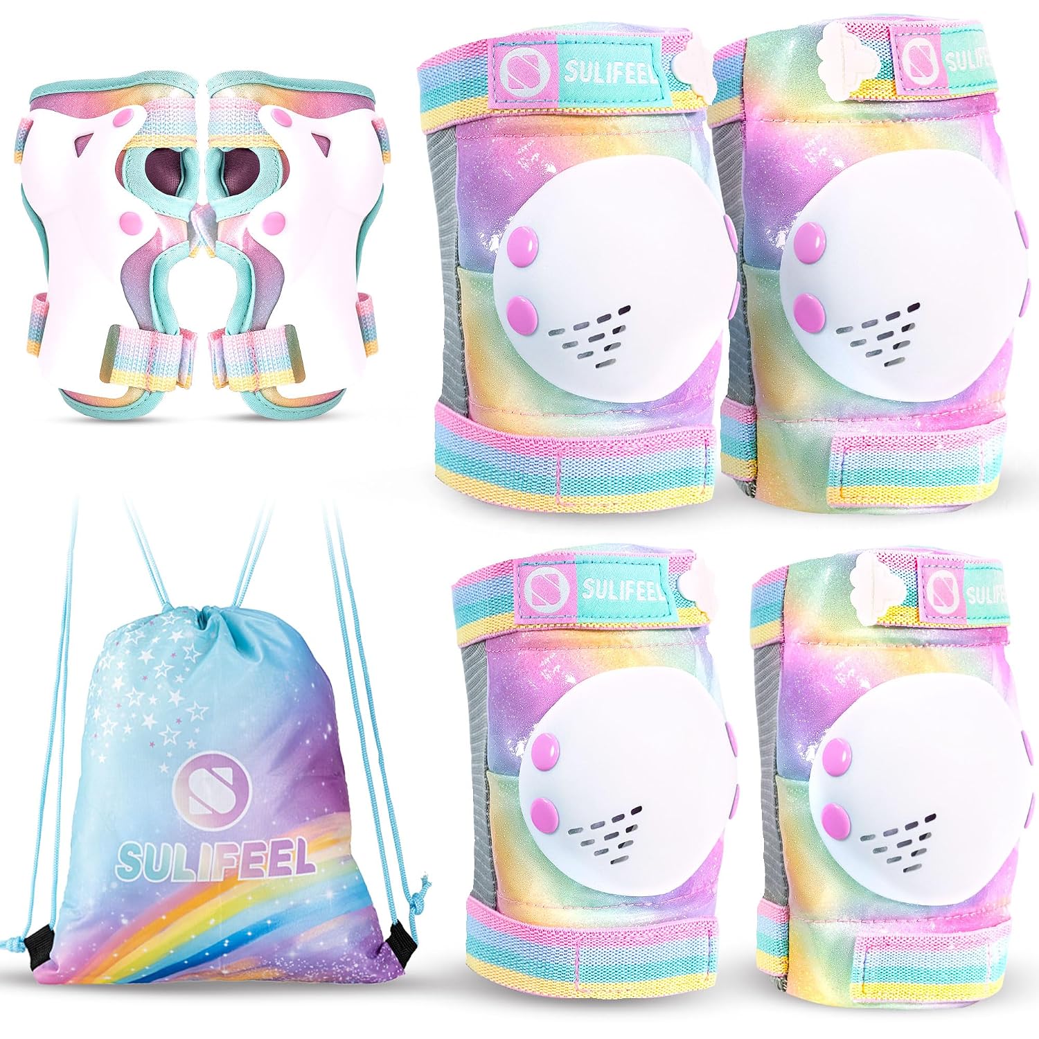 Rainbow Unicorn Knee Pads for Kids Knee Elbow Pads Wrist Guards with Drawstring Bag Adjustable Protective Gear Set for Girls Roller Skating Bike Cycling Skateboard Scooter Dazzling Small