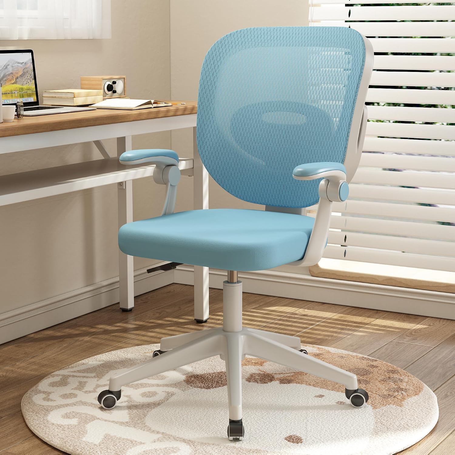 Kids Desk Chair Ergonomic Study Chair with Adjustable Height,Blue | Kids Computer Rolling Task Office Mesh Desk Chairs with Flipped Armrests Wheels Swivel for Boys Girls Children Home Bedroom