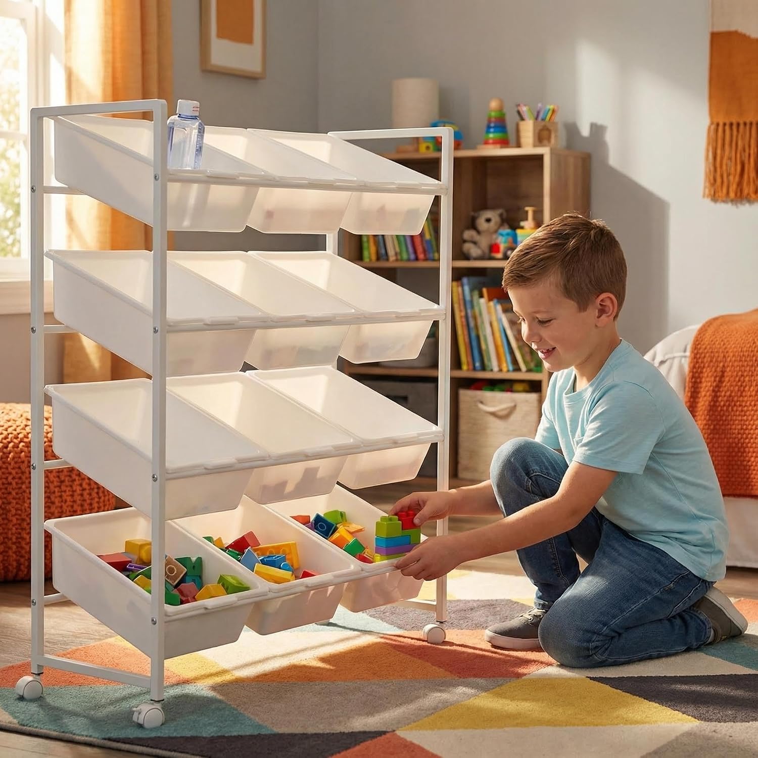 4-Tier Rolling Toy Storage with 12 Removable Bins for Kids Rooms | Sturdy metal frame, locking wheels, smooth-glide versatile toy organizer cart for playroom, bedroom & classroom