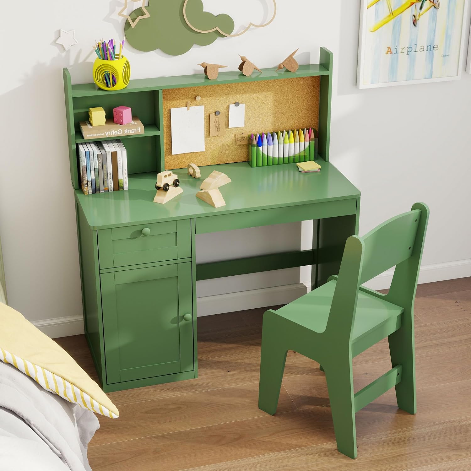 Kids Desk and Chair Set with Hutch & Storage Cabinet for 5-12, Green