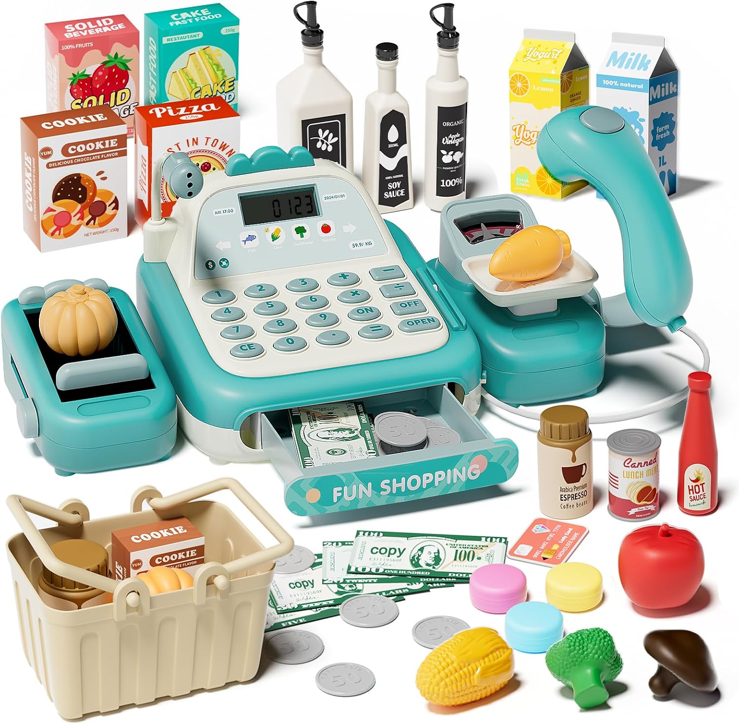 49Pcs Cash Register Toy Set, Pretend Play Grocery Store Cashier Playset | Conveyor Belt, Scanner, Weighing Scale, Calculator & Microphone, Toys Gift for Kids Toddlers Ages 3-8 (Green)