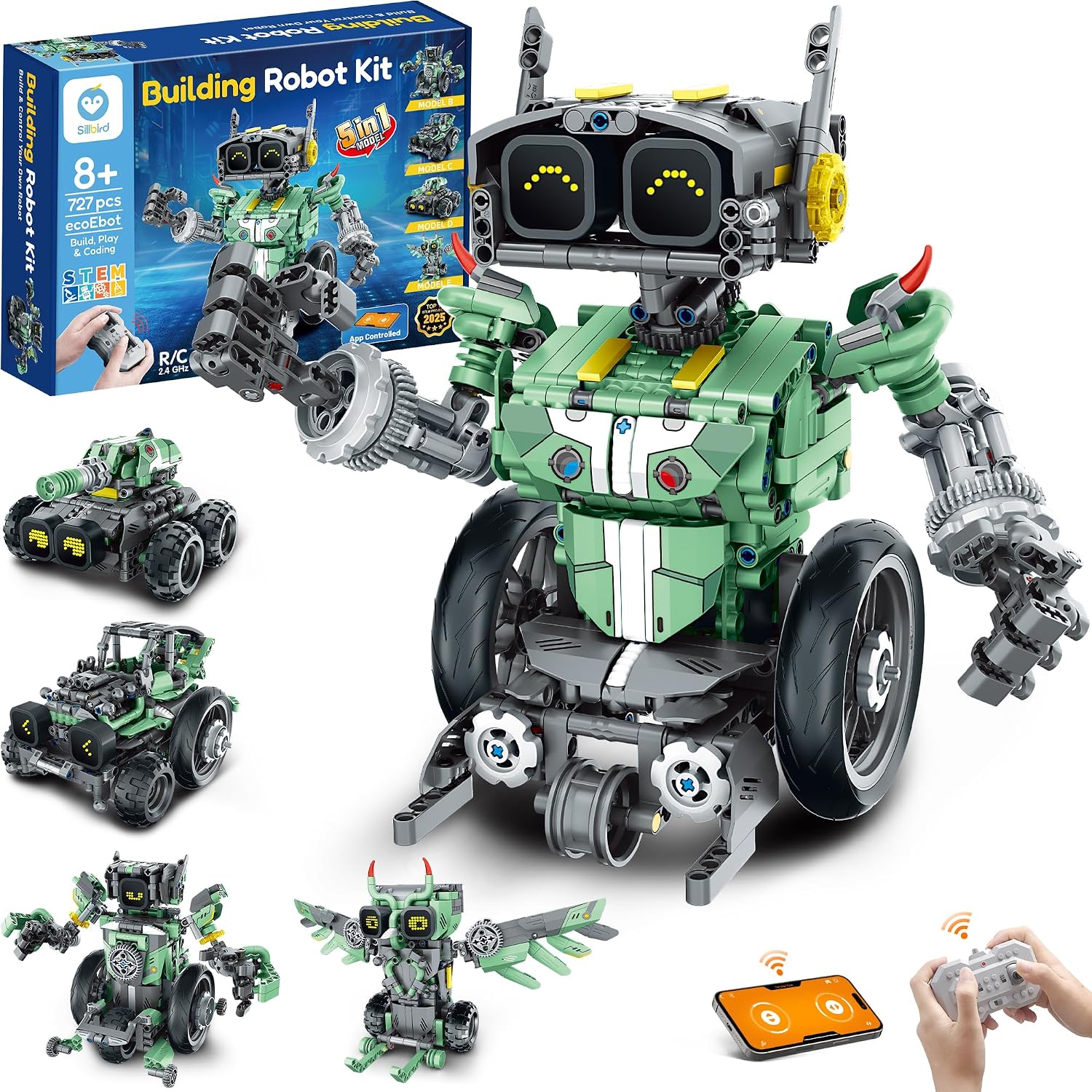 Sillbird Robot Car Building Kit with Remote Control Gift for Boys Ages 8-14 | STEM Coding Robotic Toy, Birthday Presents for Kids, Buildable 5in1 Models, Rechargeable Educational Playset, 727 Pieces