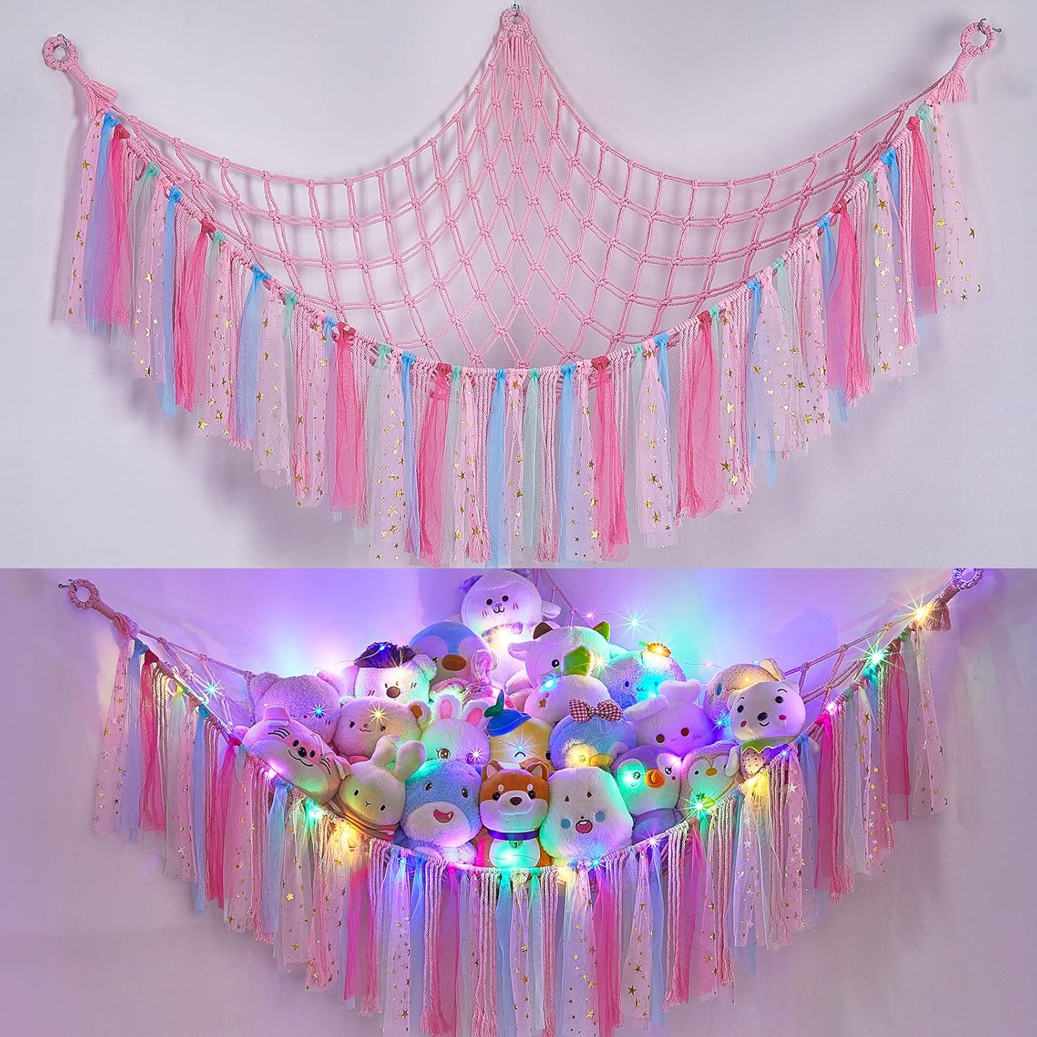 FIOBEE Stuffed Animals Net LED Light Toy Hammock for Kids Bedroom Storage | Stuffed Animals Storage Organizer, Girls Room Decor, Teddy Bear Holder, Space Saving, for Kids Nursery Bedroom Playroom