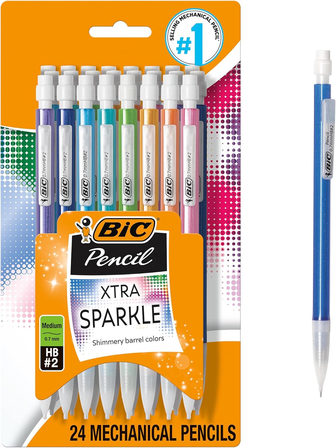 BIC Xtra-Sparkle Number 2 Mechanical Pencils, 24-Count Pack, 0.7mm Point | Colorful Sparkle Barrels, Multicolor Design, Ideal for School Supplies, Smudge-Resistant Lead, Medium Point, Erasers