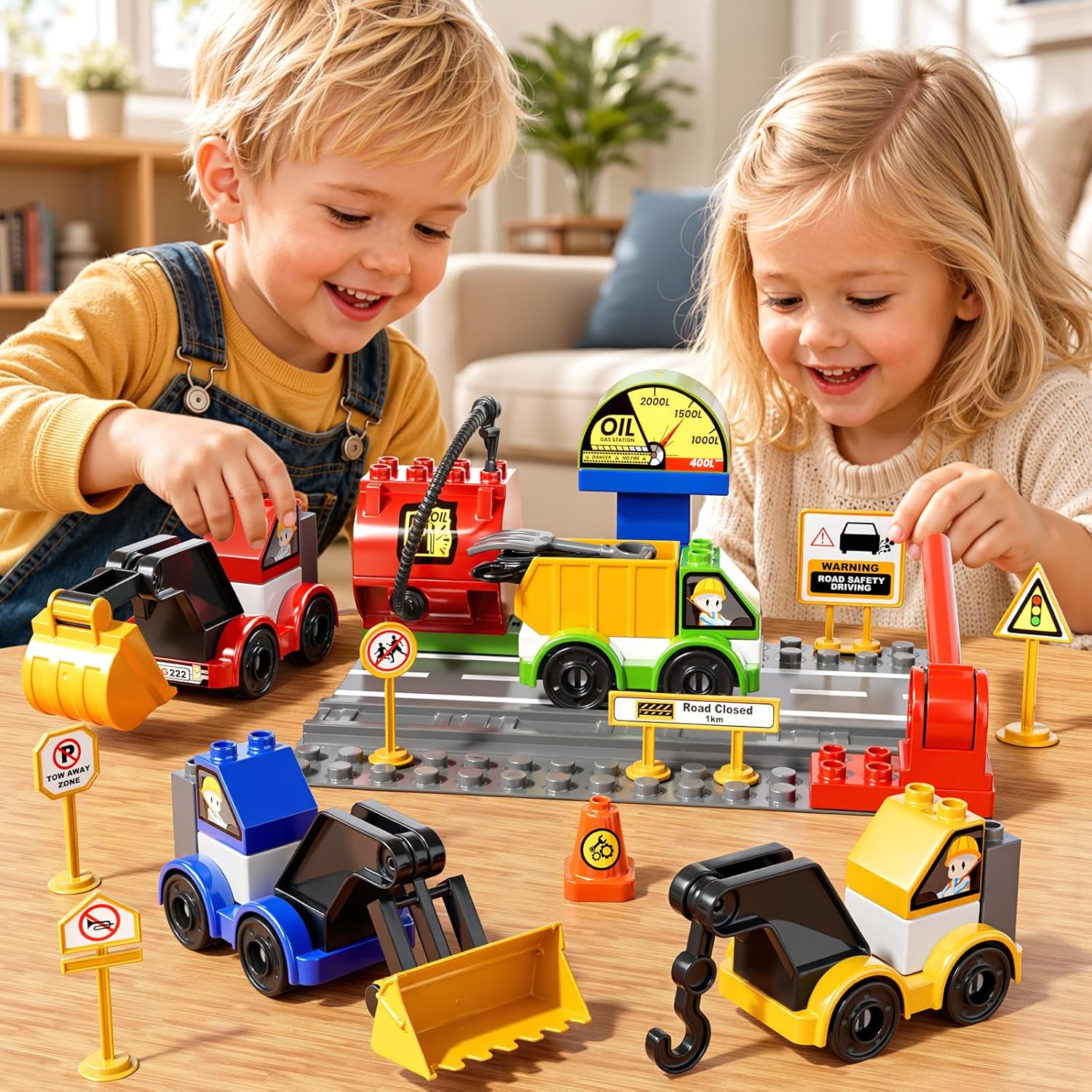Toddlers Car Building Blocks Set, 72 Pcs Large Building Blocks, STEM Construction Toys Include Excavator,Bulldozer,Dump Truck,Road Traffic,Signs,Toys for 3 4 5 4 7 8 Year Old Boys Girls