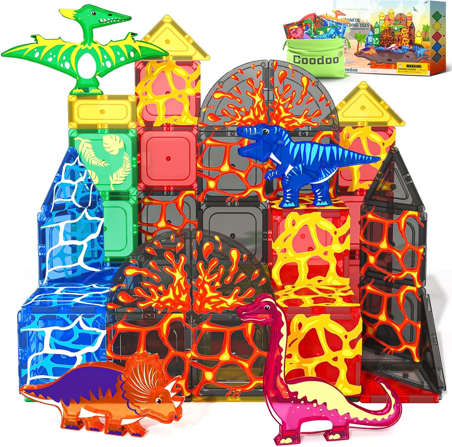 Magnetic Tiles Lava Dinosaur Toys Magnetic Blocks Building Set for Kids 3+ | Dinosaur Toys for Kids 3-5 5-7 6-8, Toddler Sensory Toy for Boys and Girls, Christmas Birthday Gifts, Classroom Must Haves