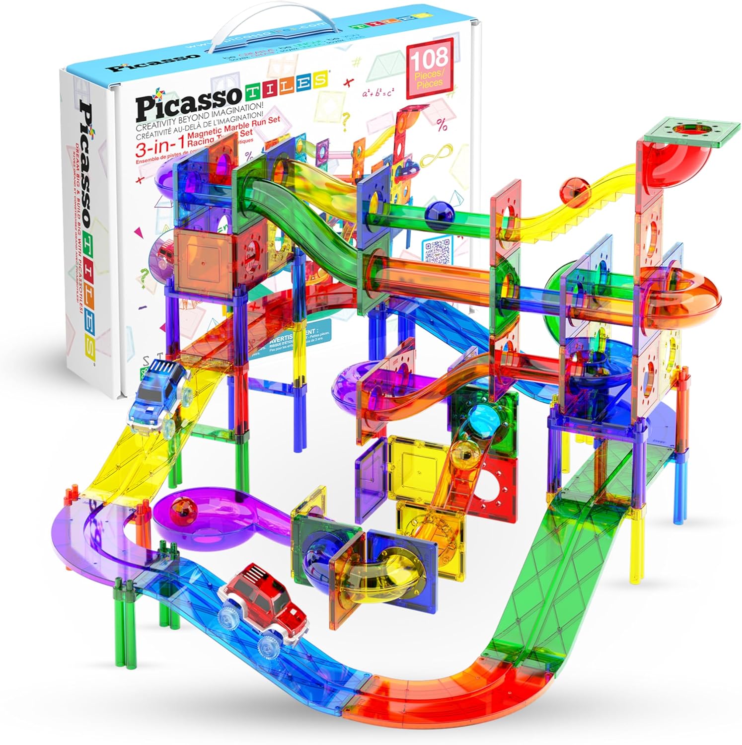PicassoTiles 108 Piece Marble Run Race Track Set with LED Cars STEM Ages 3+ | 2 Light-Up Vehicles, 4 Magnetic Marbles, BPA-Free, Expandable Collection, Fine Motor Skills,Problem-Solving Screen-Free Toy