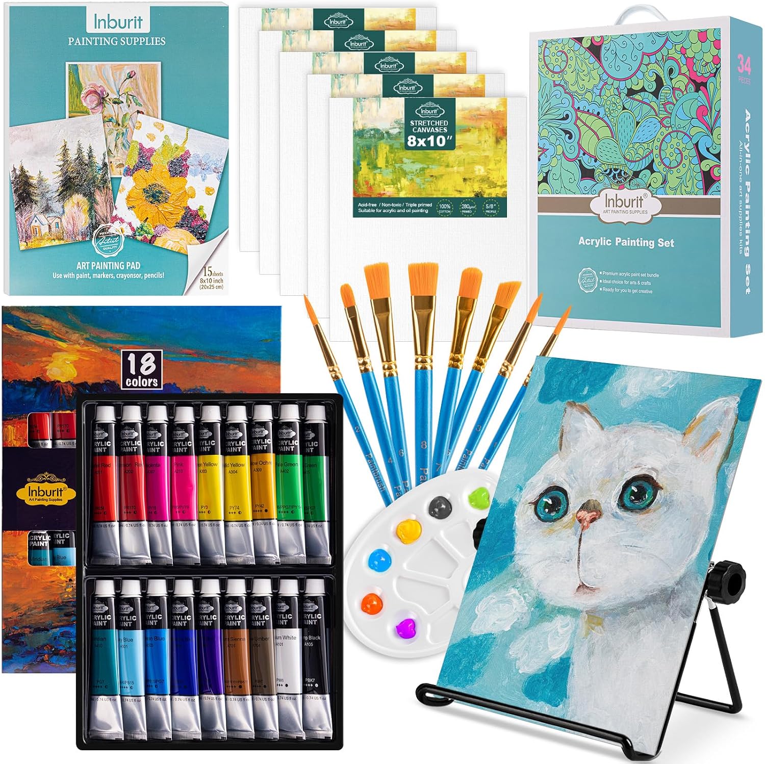 Inburit Acrylic Paint Set for Kids & Adults, Art Supplies Kit with Canvas | Complete Art Painting Supplies Kit for Beginners, 18 Colors Paint, 8 Art Brushes, 15 Acrylic Paper Pad, Easel