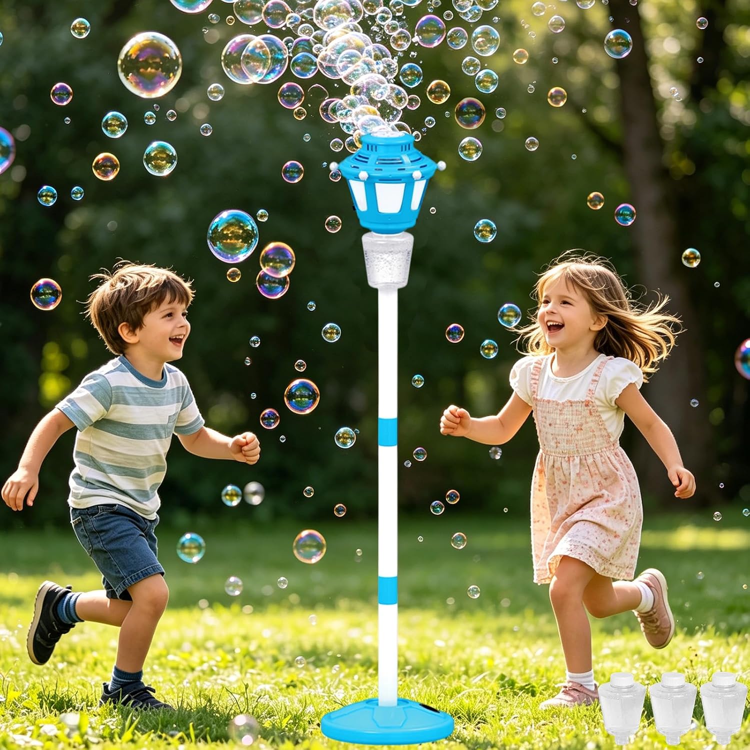Bubble Machine Maker for Kids, Automatic Bubble Blower with Light & Rechargeable Battery, 40 Inch Adjustable Height Outdoor Toy for Toddlers Party Birthday (Includes 3 Solution), Blue