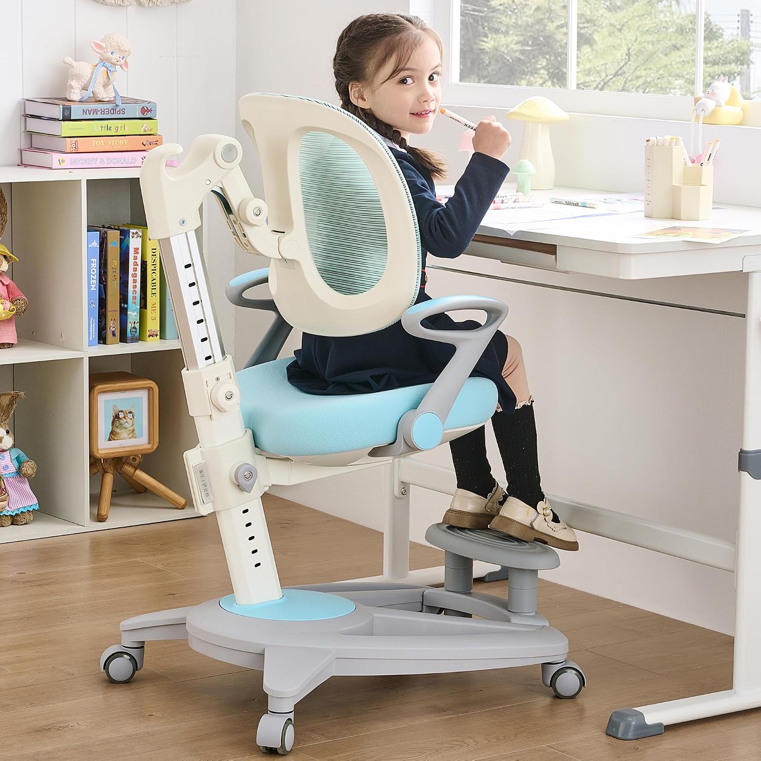 Ergonomic Kids Desk Chair with Footrest & Height-Adjustable Seat(Blue) | Multifunctional for Study, Work & Dining – Comfy Cushion & Smooth Wheels for Boys & Girls
