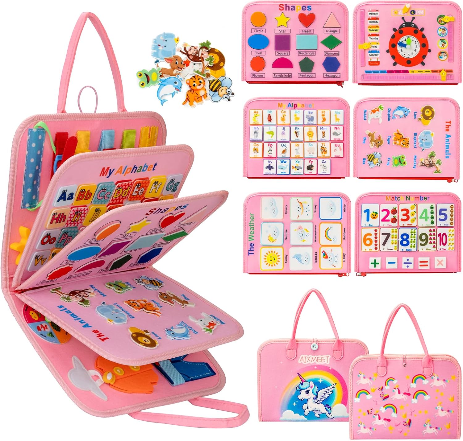 AIXMEET Toddler Busy Board Montessori Toys, Sensory Board Busy Book | toys for Toddlers 3456 Year Old , Preschool Learning Activities with Life, Shape,Color,Animal,Weather,8 Pages (Pink)