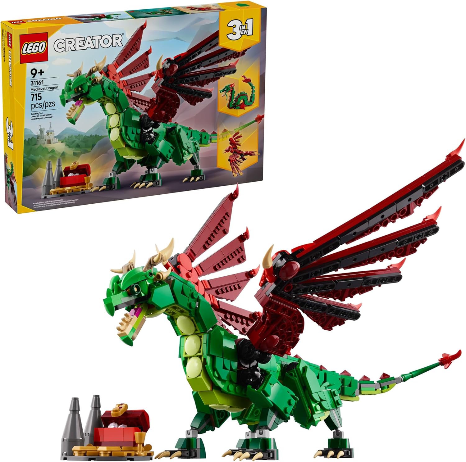 LEGO Creator 3 in 1 Medieval Dragon Toy – Building Toy with 3 Build Options, Dragon, Sea Serpent, or Phoenix – Fantasy Set for Kids, Boys and Girls, Ages 9+ – Gift Idea for Birthdays – 31161