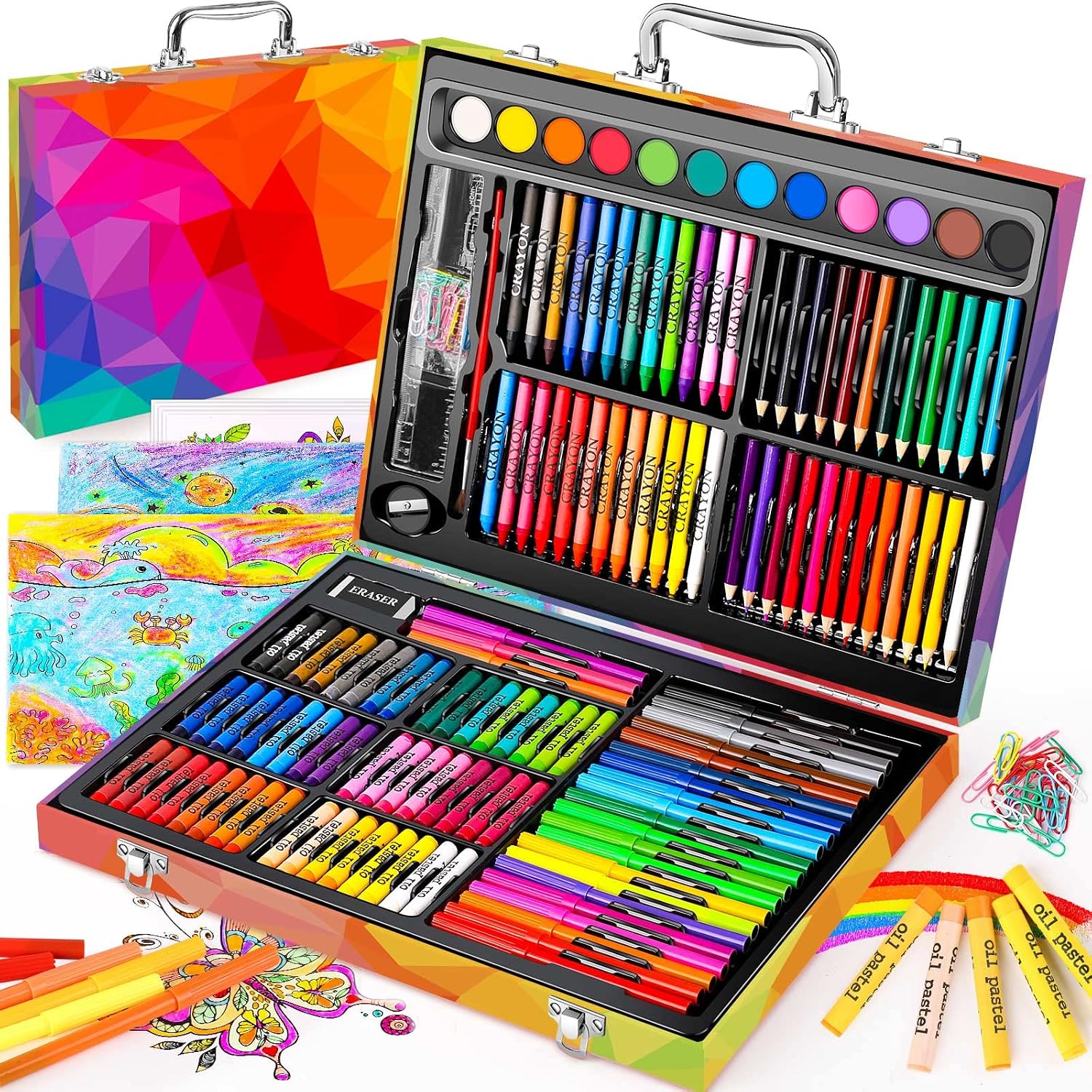 Soucolor 183 Art Drawing Painting Kit, Crayons Pastels Markers, Wooden Case | 183-Piece Art Set Includes Crayons, Oil Pastels, Watercolors, Colored Pencils, Markers, Drawing Paper, Brushes, Wooden Case